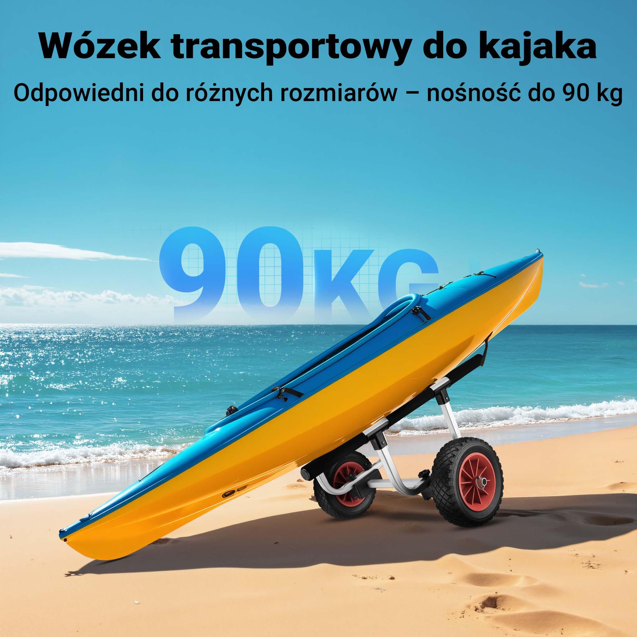 Regulowany aluminiowy wózek kajakowy Wiltec do 90 kg, wózek transportowy do łodzi, kajaków i kanoe, wózek surfingowy z poduszkami, ⌀22 cm koła PU i paski parciane