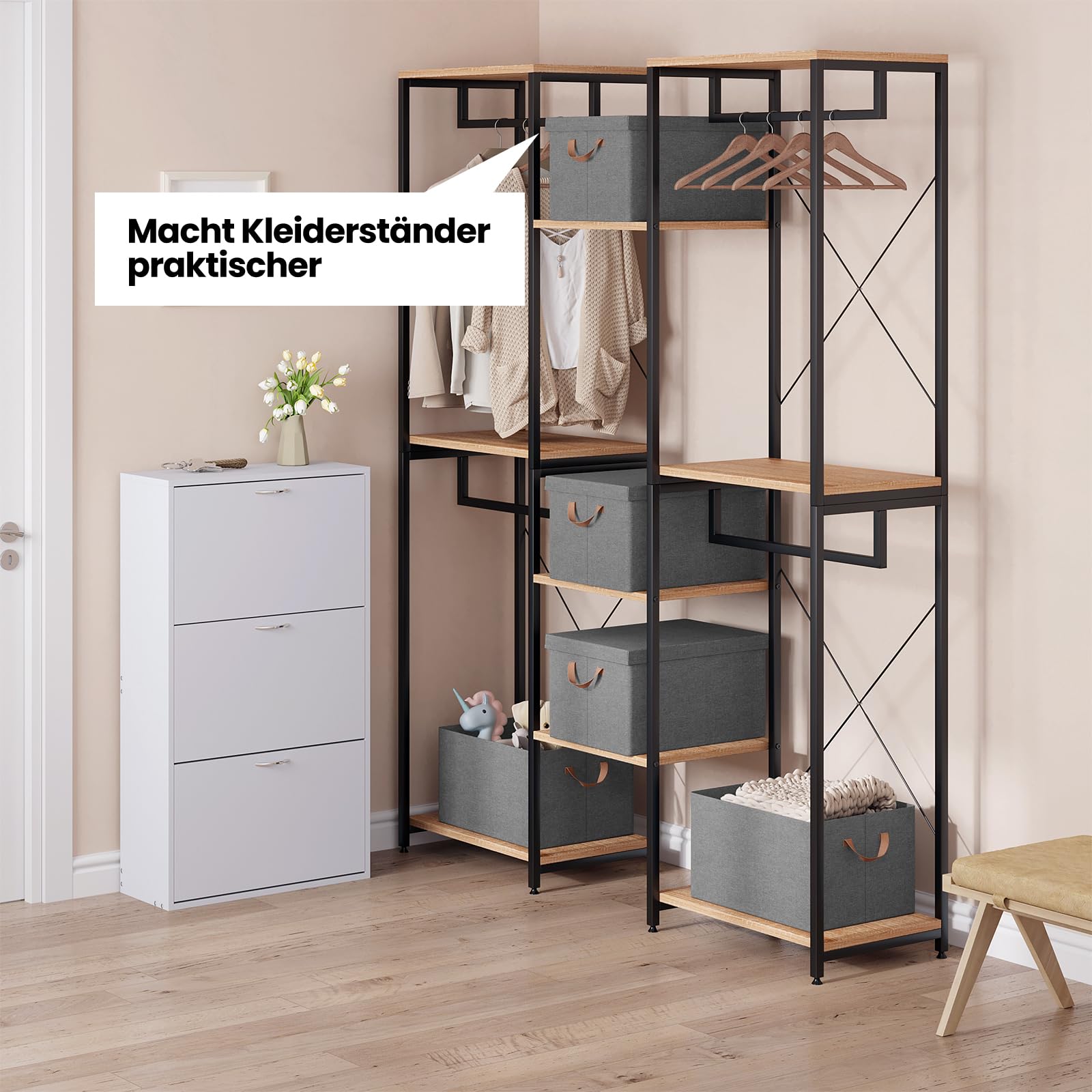 WOLTU Aufbewahrungsbox mit Deckel 5 Stück, aus Polyesterstoff, für Schlafzimmer, Arbeitszimmer, Wohnzimmer, Organizer Box mit Griffen, faltbar, Grau, 43x33x26 cm