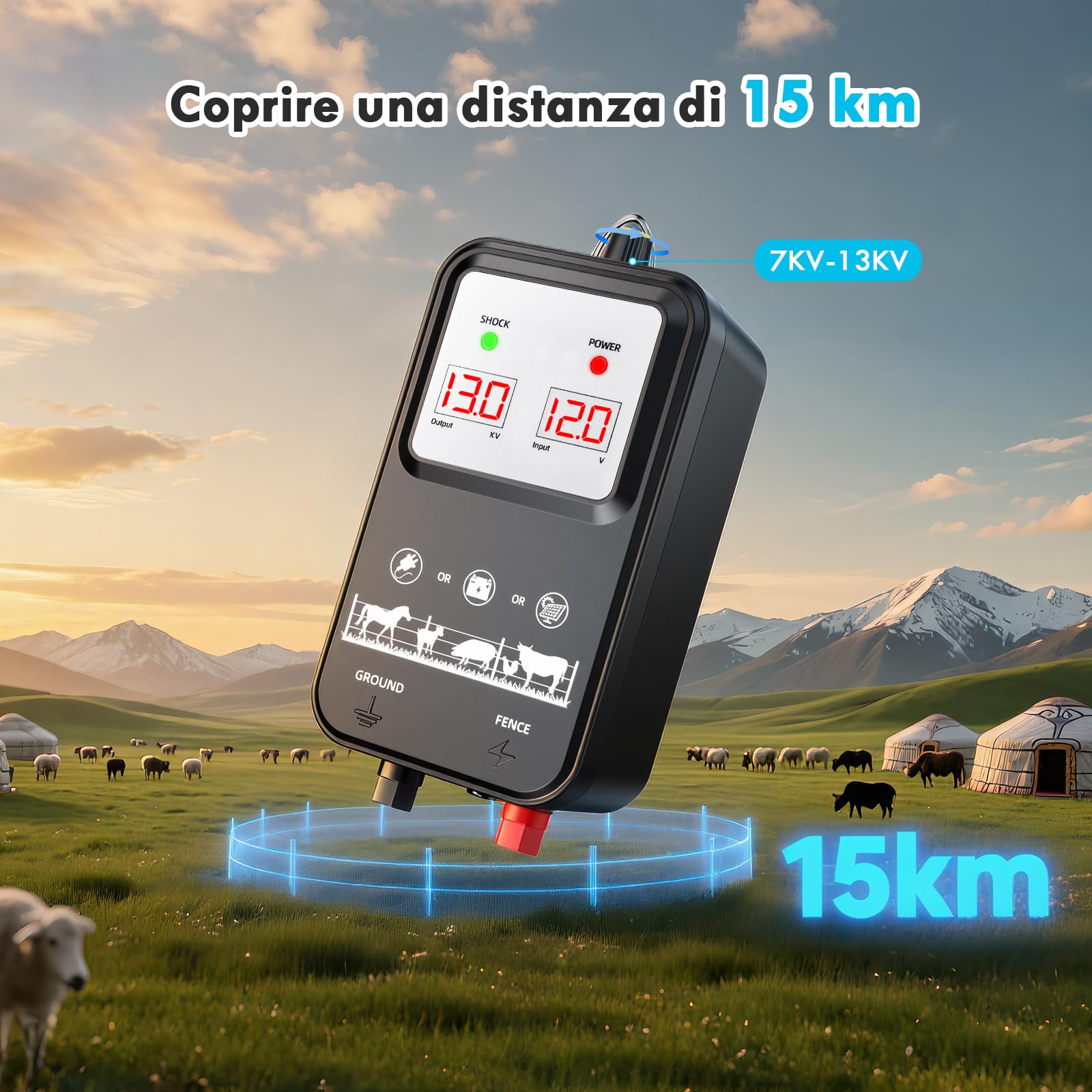 10KM Recinto Elettrico per Animali, Potente Elettrificatore per Recinzione Elettrica da 2 J con display LCD, Recinzione Elettrica Impermeabile IP44 ad Alta Potenza per Fattoria, Giardino, Pascolo (B)
