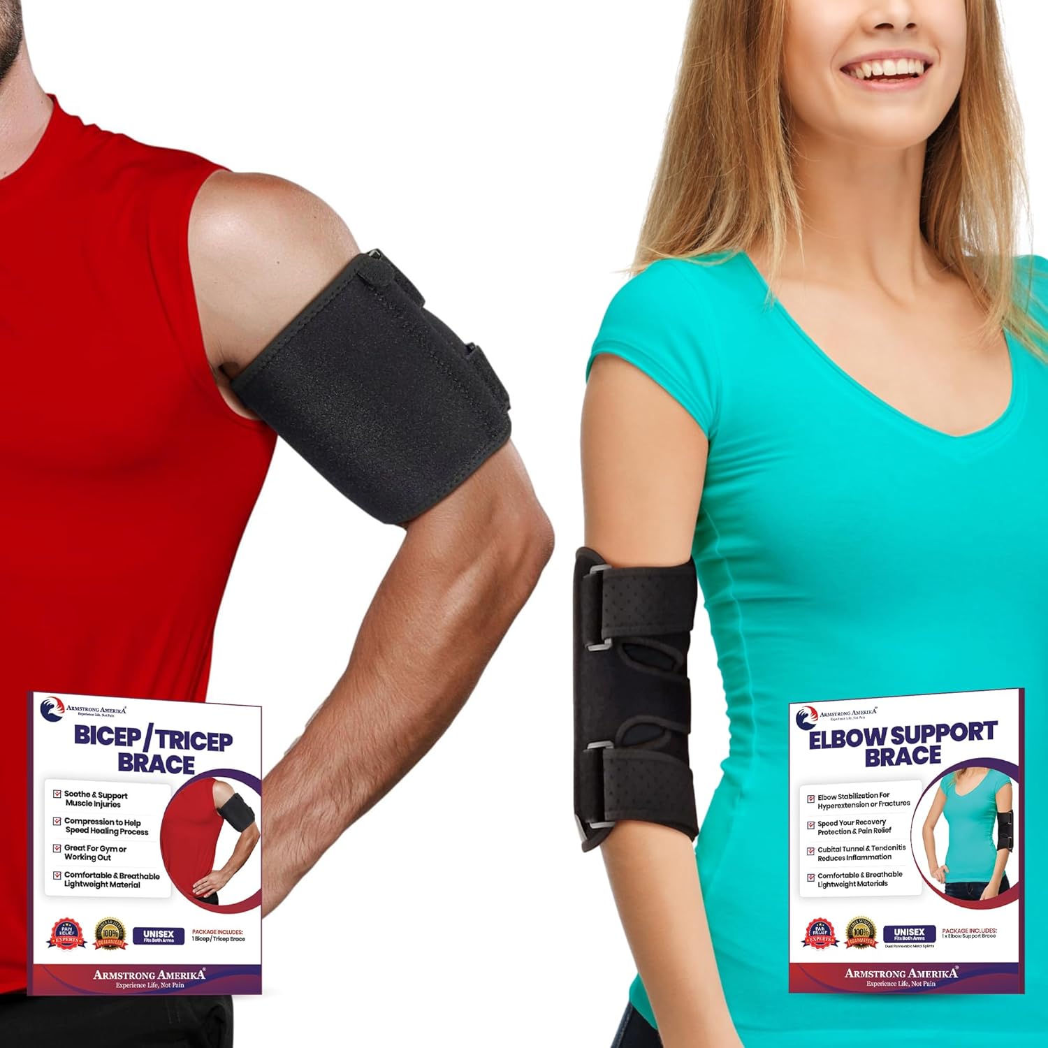 ARMSTRONG AMERICA Elbow Splint Tendonitis Elbow Brace (Fits Most) + Bicep Tendonitis Brace Compression Sleeve (Large) Bundle