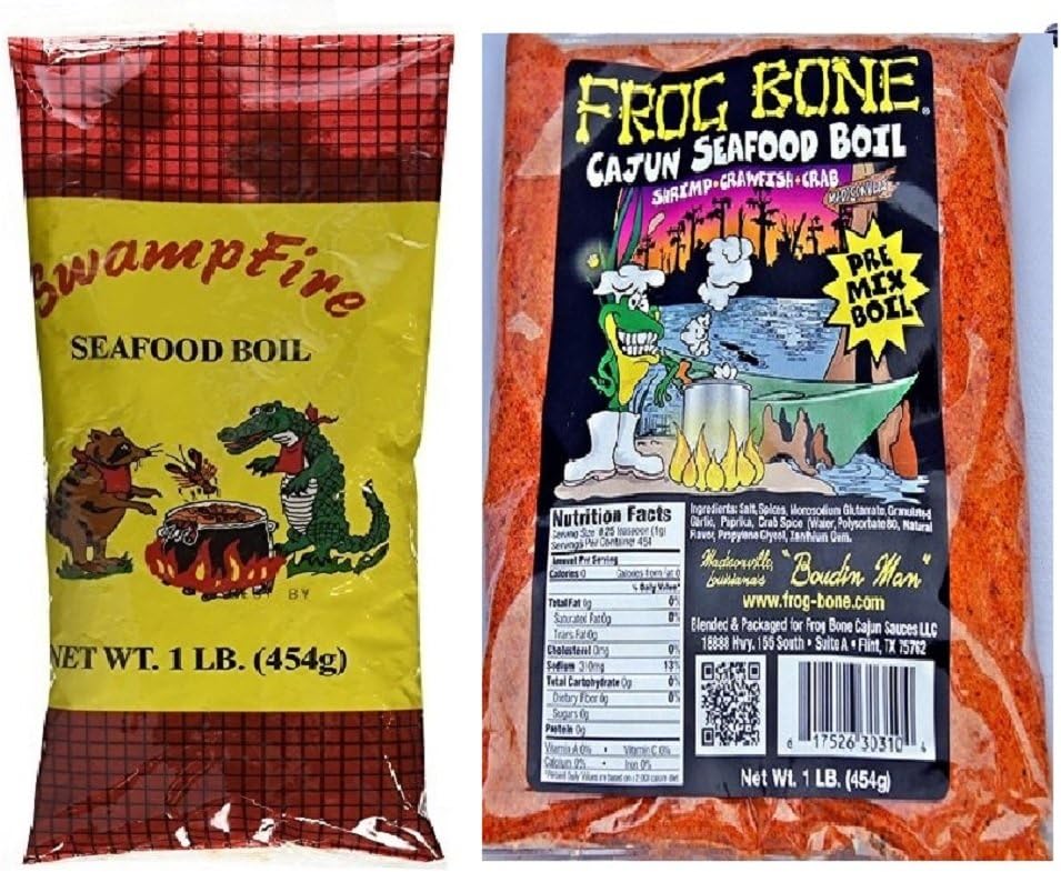Louisiana Crawfish, Shrimp and Crab Seafood Boil Sampler Bundle - 1 each of Frog Bone and Swamp Fire Complete Boil (1 Pound each)