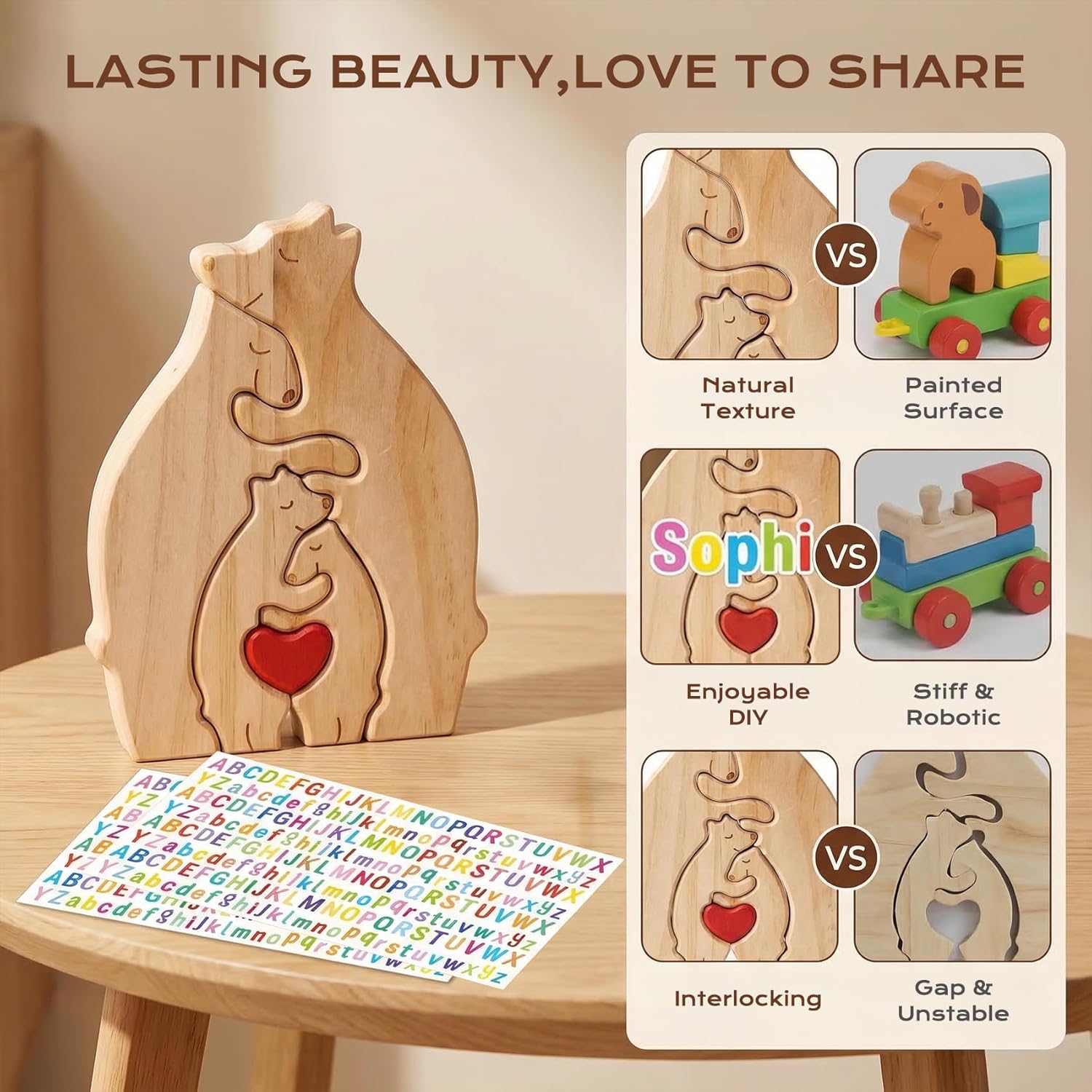 Lotanop Personalized Wooden Bear Family Puzzle for 4-Person Family with DIY Name Stickers – Unique Gift for Mother's Day, Father's Day,Housewarming, Birthday Home Decor, 2 Sheets of Letters (A-Z)