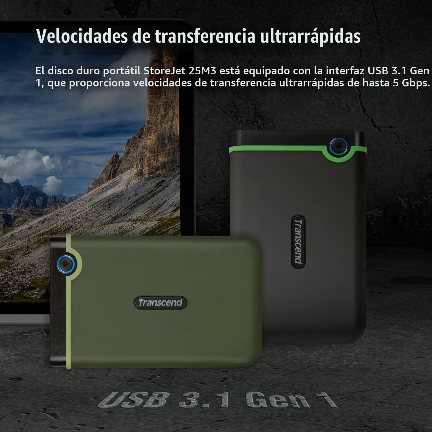 Transcend 2TB StoreJet 25M3G Disco Duro Externo Rugged de 2.5” USB Tipo-C Interfaz USB 3.1 Gen 1,Velocidades Ultrarrápidas y Botón de Copia de Seguridad con un Toque Verde TS2TSJ25M3G