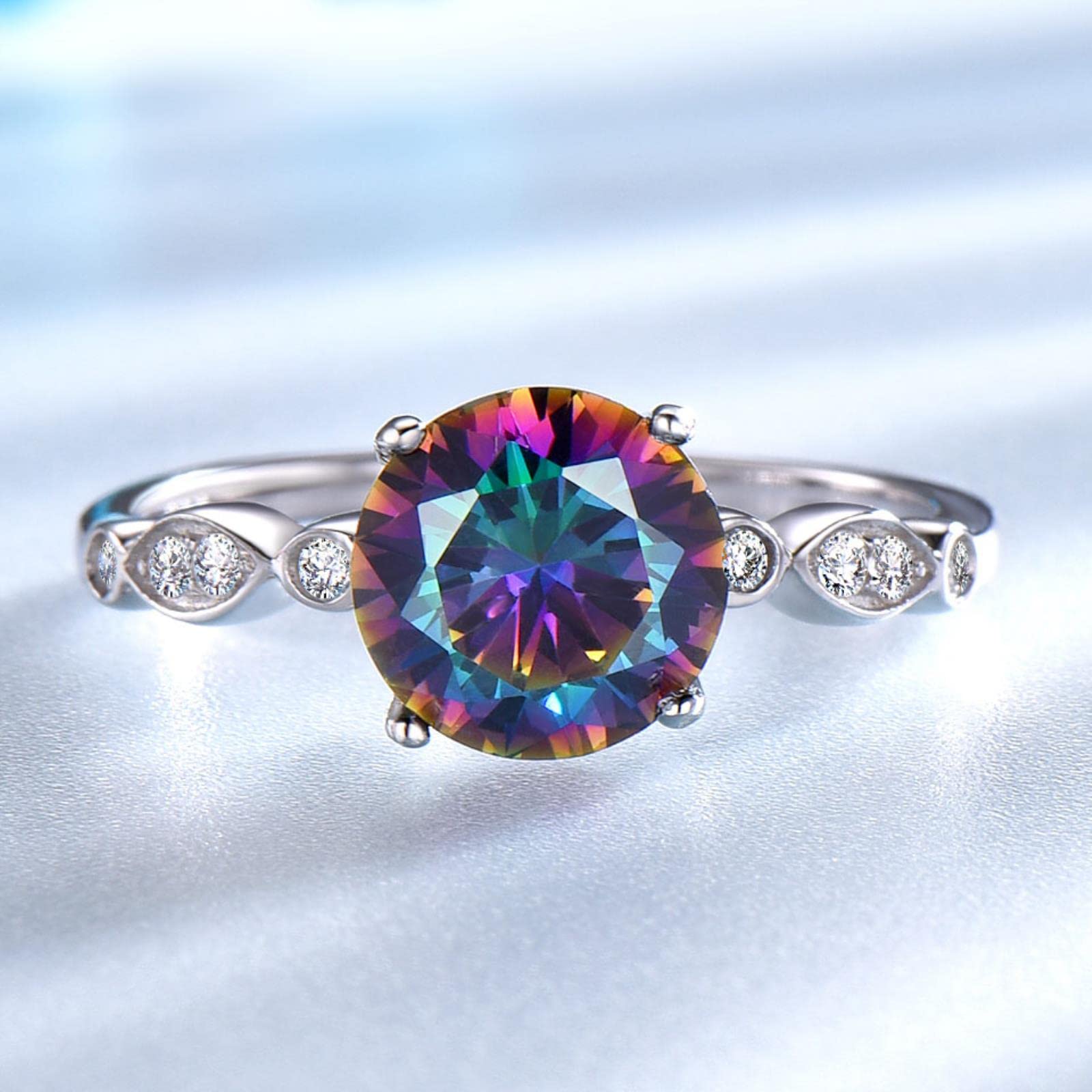 Anelli di Topazio Mistico con Fuoco Arcobaleno Genuino Romantico Anelli di Fidanzamento con Gioielli in Argento Sterling Massiccio 925 per Gioielli da Donna