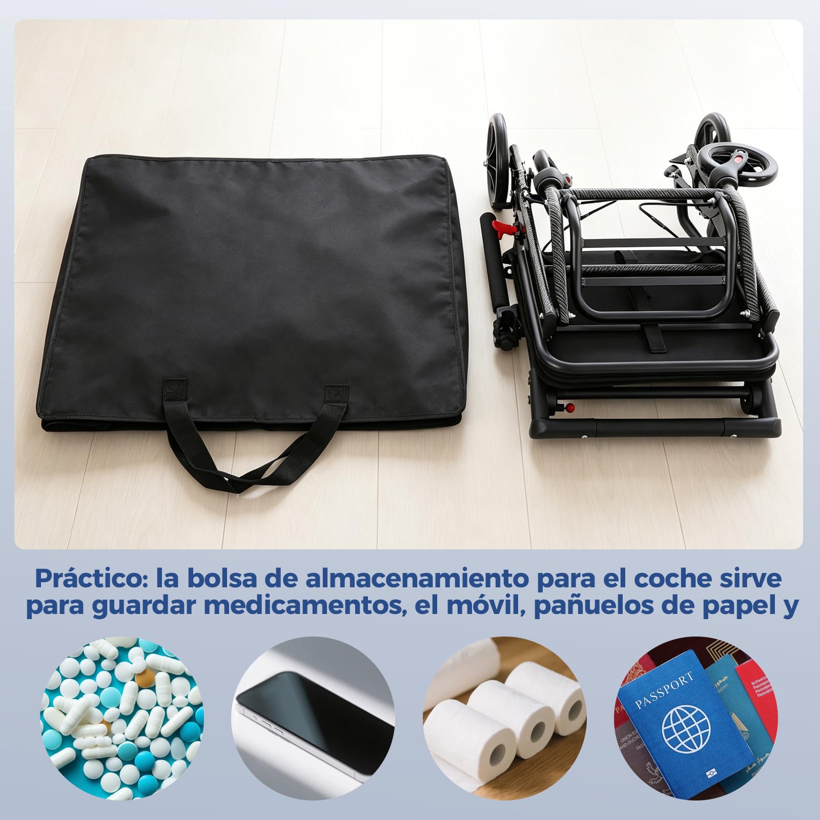 Silla de ruedas, ligera, plegable, ligera, plegable, 100 kg, con bolsa de almacenamiento, 100 kg