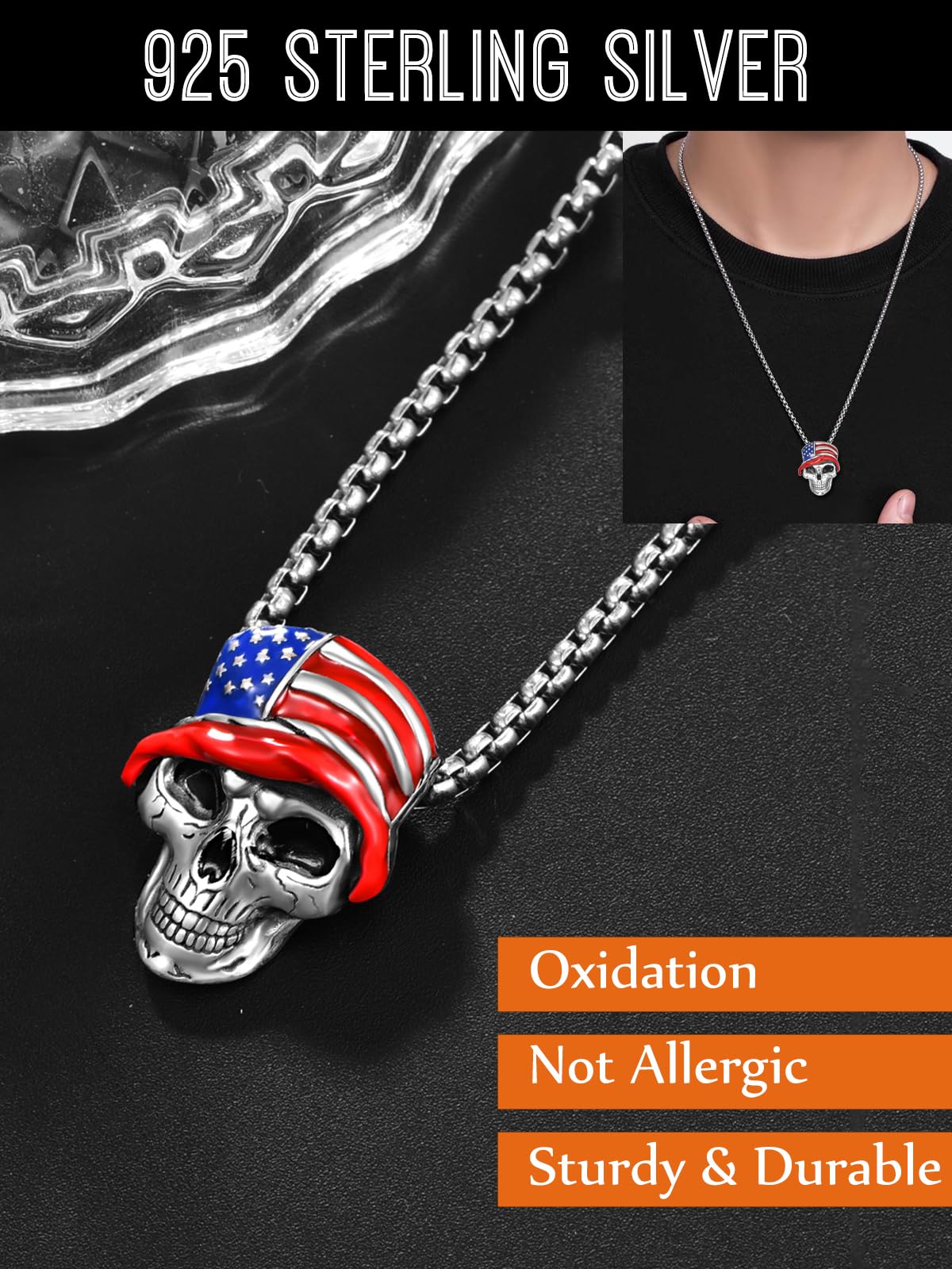 QCFL Skull Necklaces for Men, 925 Sterling Silver Mens Pendant Necklace, Cool Gothic Skull Jewelry Halloween Jewelry Gifts for Men Husband Him Father Son: American Flag