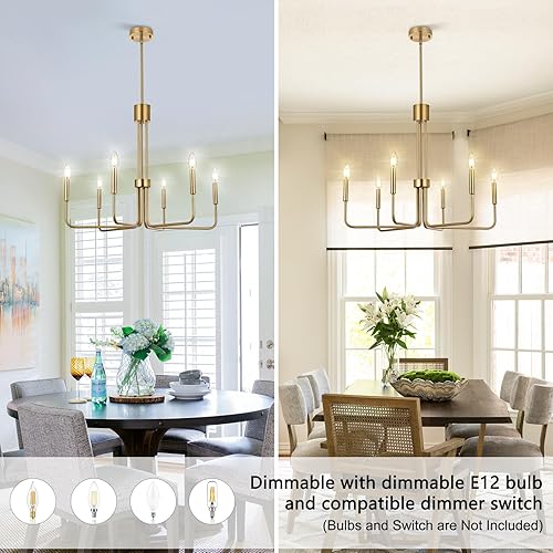 Miniatura 6 de Niloah Candelabro moderno dorado para comedor, 6 lámparas de araña de oro cepillado, lámparas de comedor sobre mesa de 28 pulgadas, altura ajustable
