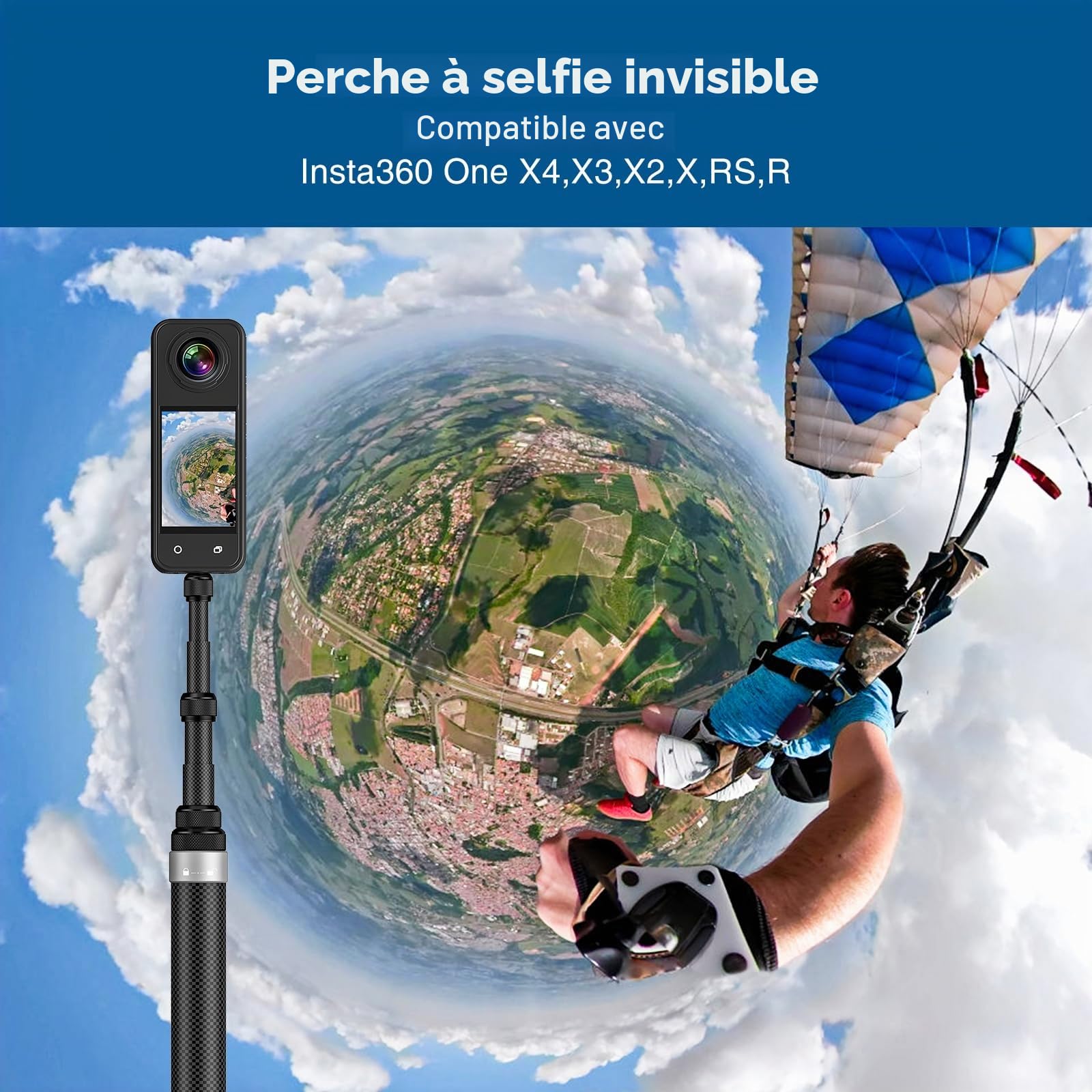 CAMOLOGEEK Perche à Selfie Invisible 3,0m/118 en Fibre de Carbone avec Montage 1/4" pour GoPro Hero 13, 12, 11, 10, 9, 8, DJI Osmo 360 Action 5 Pro 4 3 Insta360 X5, X4, X3