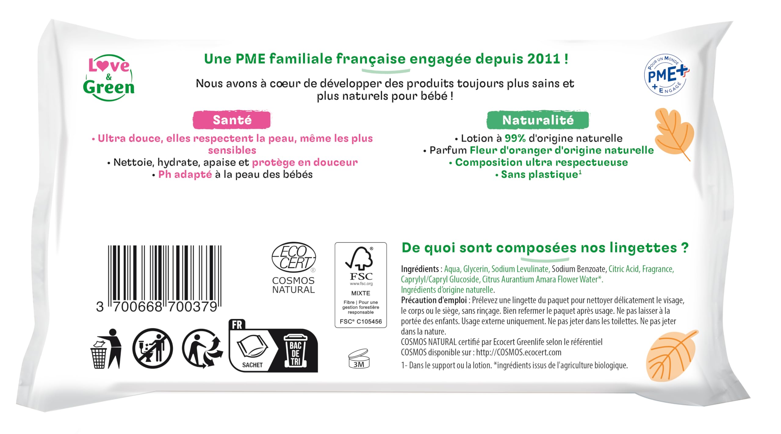 Love & Green Lingettes à la Fleur d'Oranger Saines et Ecologiques - Paquet de 64 Lingettes - Certifiée Cosmo Natural par ECOCERT et FSC - Emballage recyclable