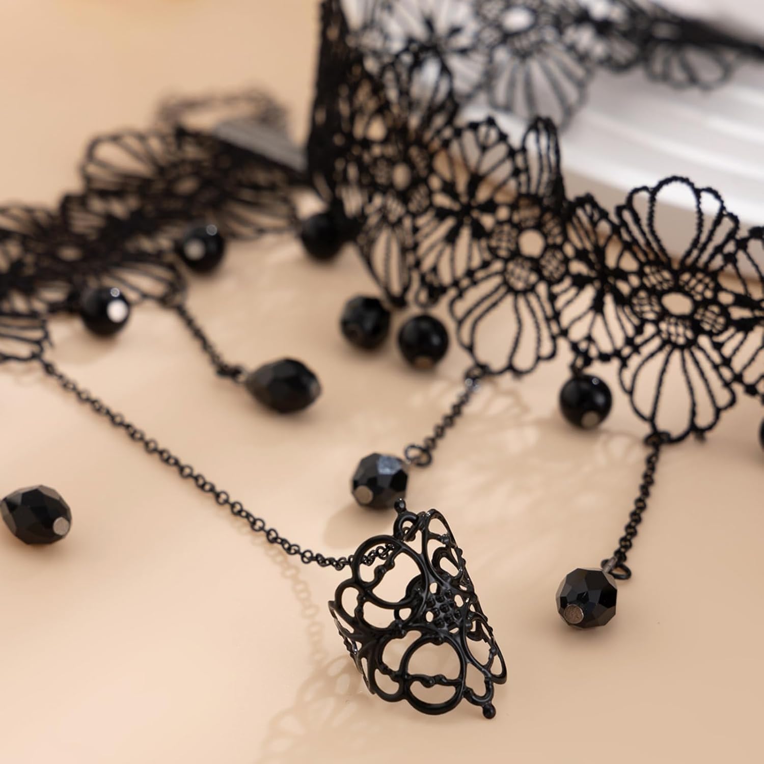 Gothic Layered Lace Choker Necklace Earrings Set for Women,Vintage Black Crystal Tassels Necklaces Earrings Set Statement Punk Style Necklaces Earring Halloween Dark Vampire Jewelry - Image 5