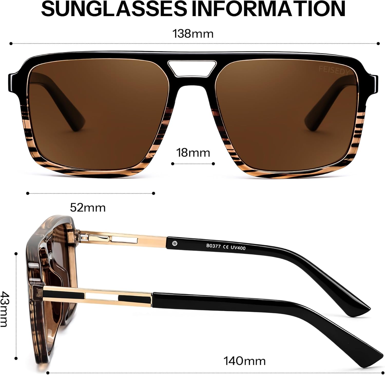FEISEDY Retro Aviator Polarized Sunglasses for Men Women,Trendy Rectangle Womens Mens UV400 Driving Sun Glasses B0377