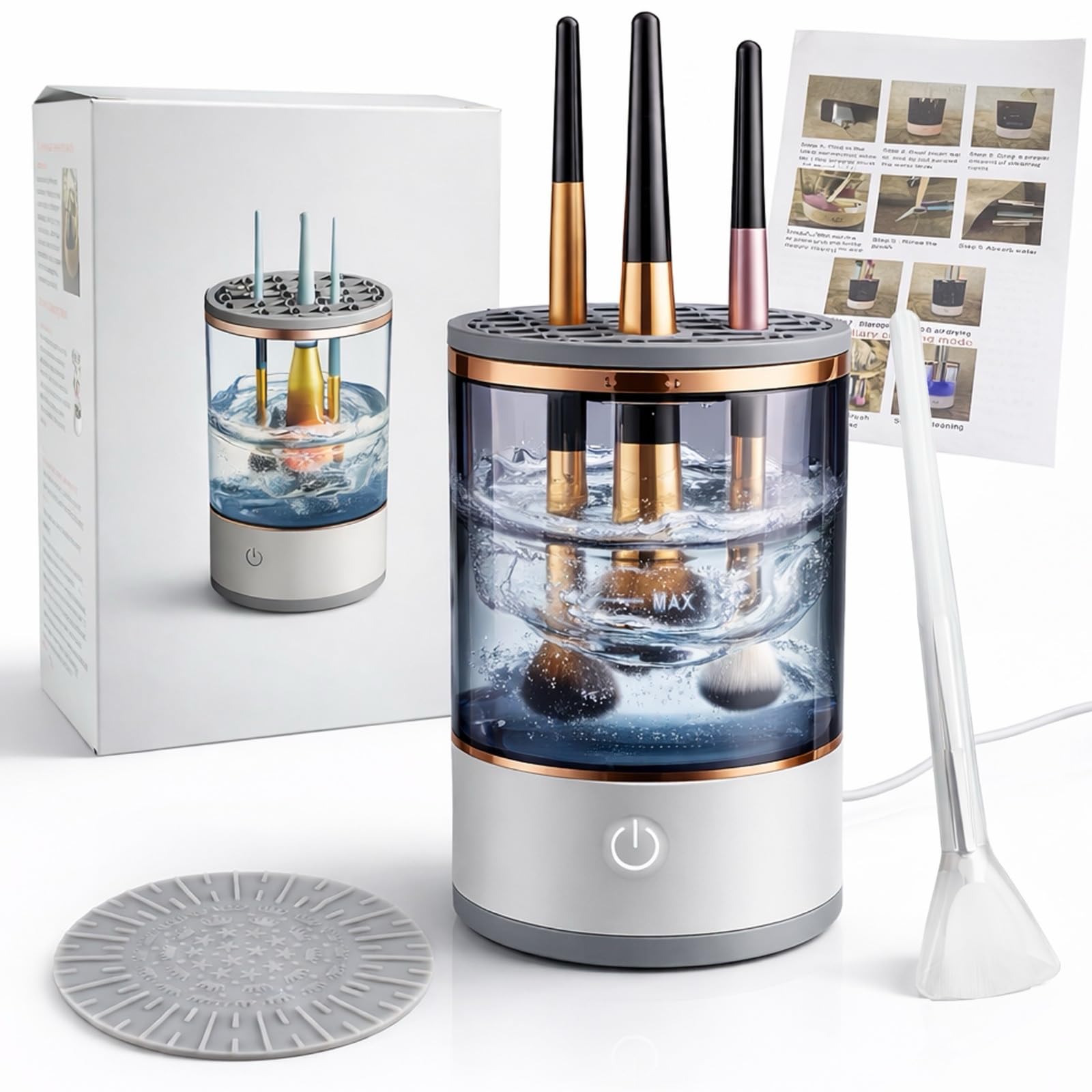 Electric Makeup Brush Cleaner Machine, Automatic Cosmetic Brush Cleaning Tool with Brush Holder Drying Stand, Portable Makeup Brush Washer for Foundation, Powder, Blush and Eyeshadow Brushes
