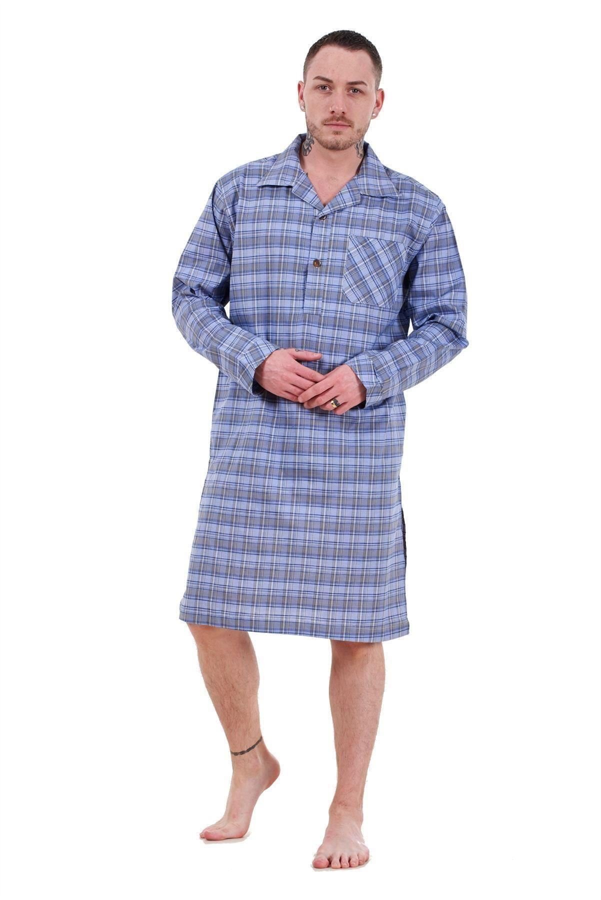 Malay Men's Blue Grey Nightshirts Woven Check Cotton Blend Loungewear Regular Big Size M To 5XL