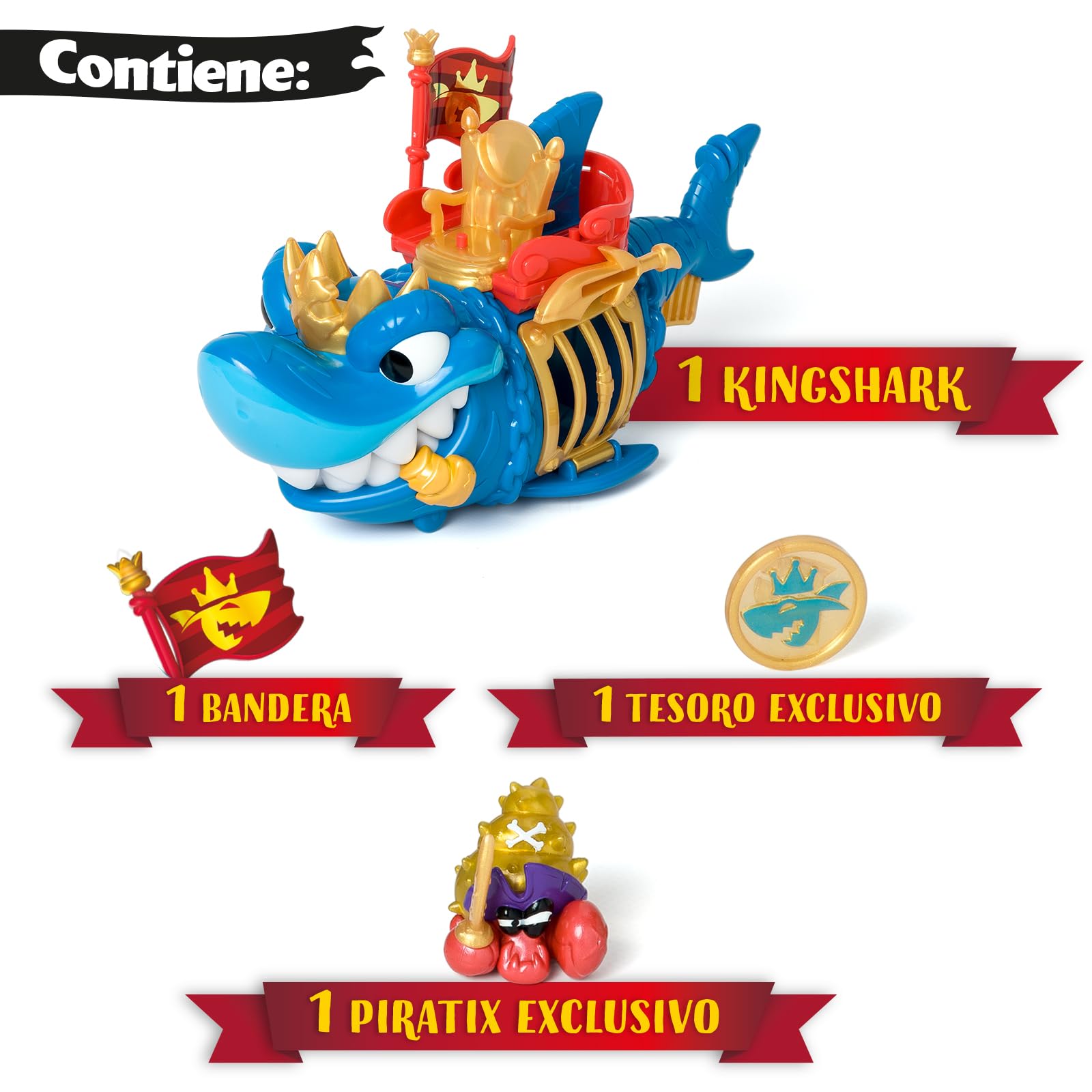 PIRATIX, Adventure World King Shark– Tiburón articulado, con una Jaula para capturar a los Piratix rivales. Incluye 1 tiburón, 1 Tesoro Exclusivo, 1 Piratix Exclusivo y 1 Accesorio