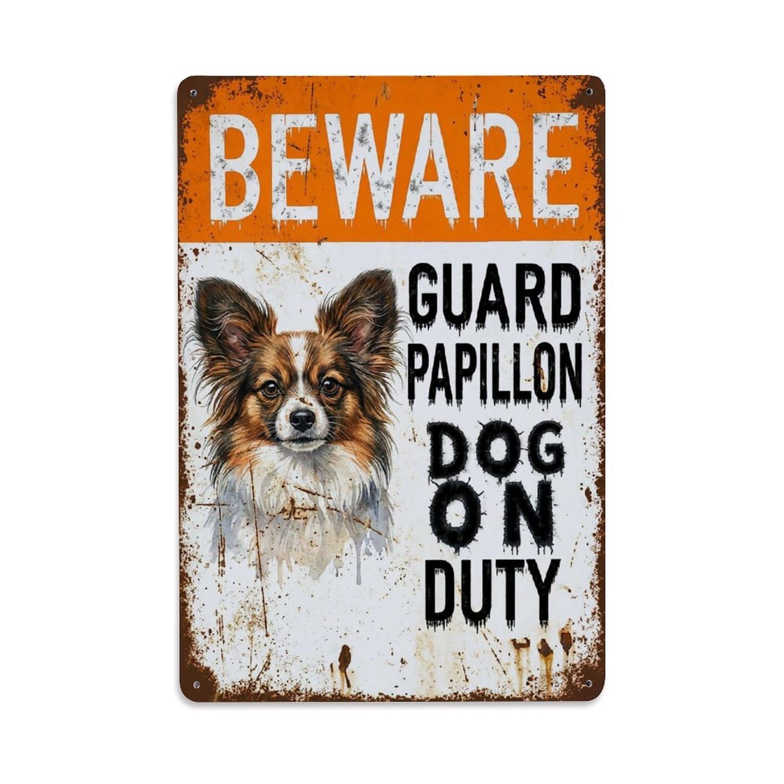 Vintage Funny Papillon Guard Beware of Dog Alcove Metal Tin Sign Plaque Wall Decor for Cafe, Club Bar, Office, Garden Metal Poster 8x12Inch