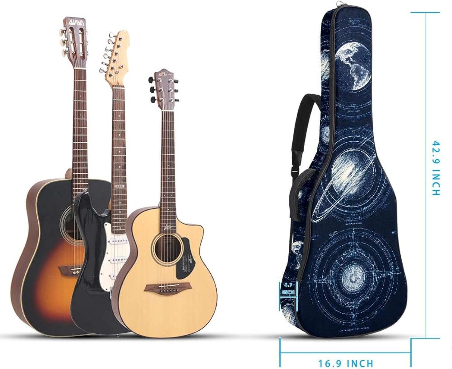 40 41 42 Inch Acoustic Guitar Bag, 0.4 In Thick Sponge Padded Guitar Case Gig Bag with Back Hanger Loop and 2 Pockets, Planets Universe Collection