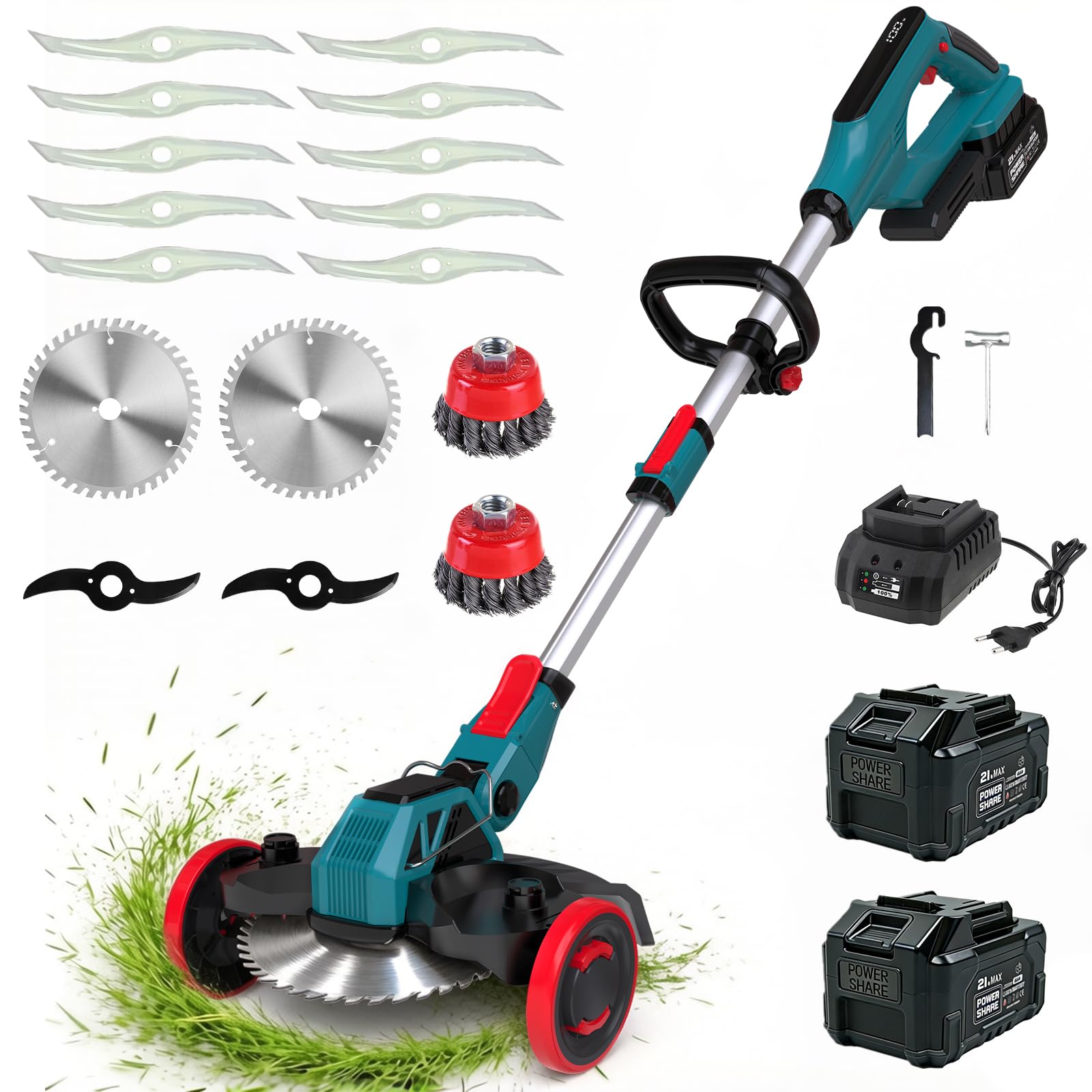 Akku Rasentrimmer mit Unkrautbürste, 21V Bürstenlose Rasenkantenschneide für Makita Akkus,4 in 1 Elektrischer Freischneider, Inkl. 2X4.0Ah Akku & Ladegerät für Garden Trimmen (Blau)