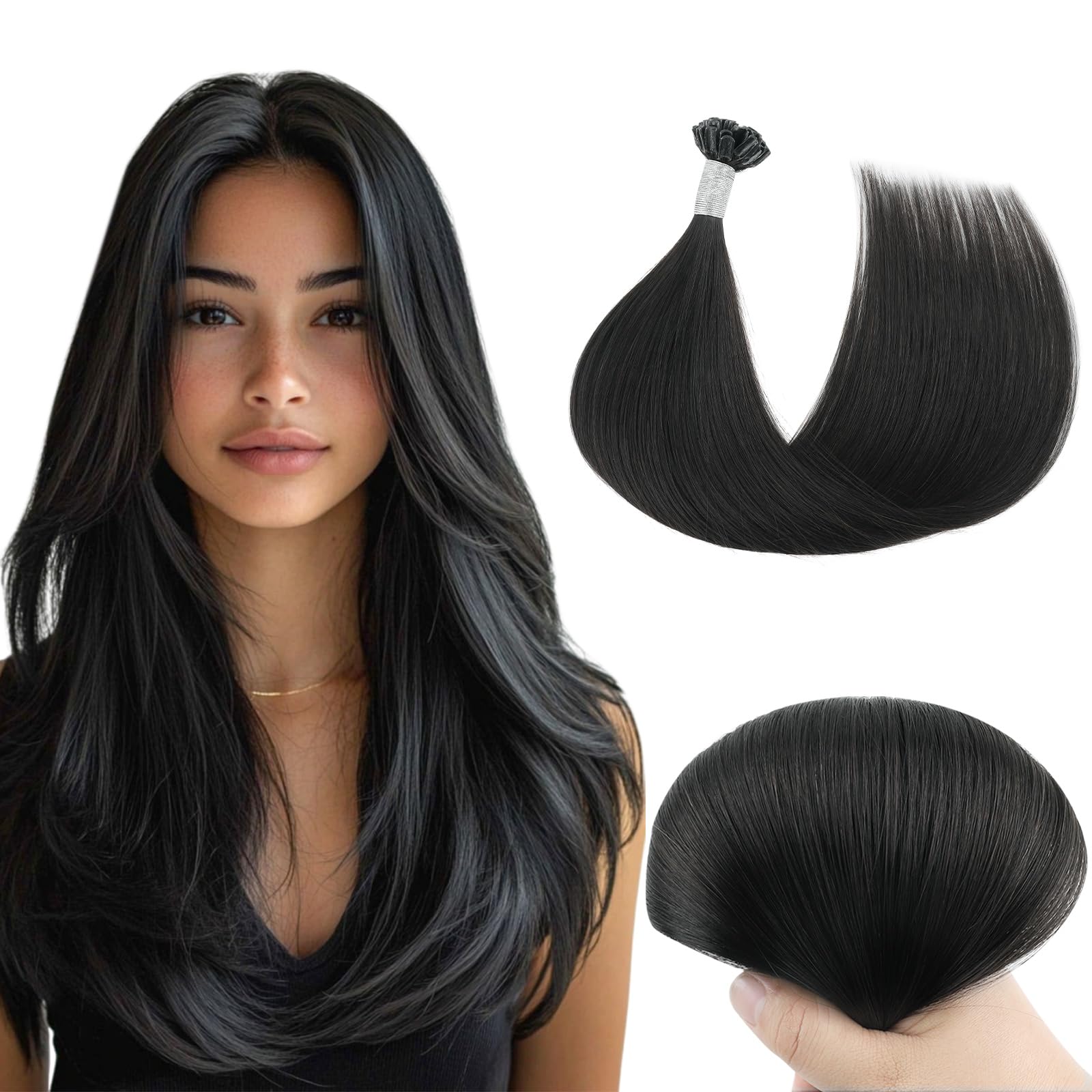 Yuniffe U Tip Hair Extensions Real Human Hair Extensions U Tip Hot Fusion Hair Extensions Remy Straight Hair Extensions Nail Tip Keratin Real Hair Extensions Jet Black 20 inch 50g/50s