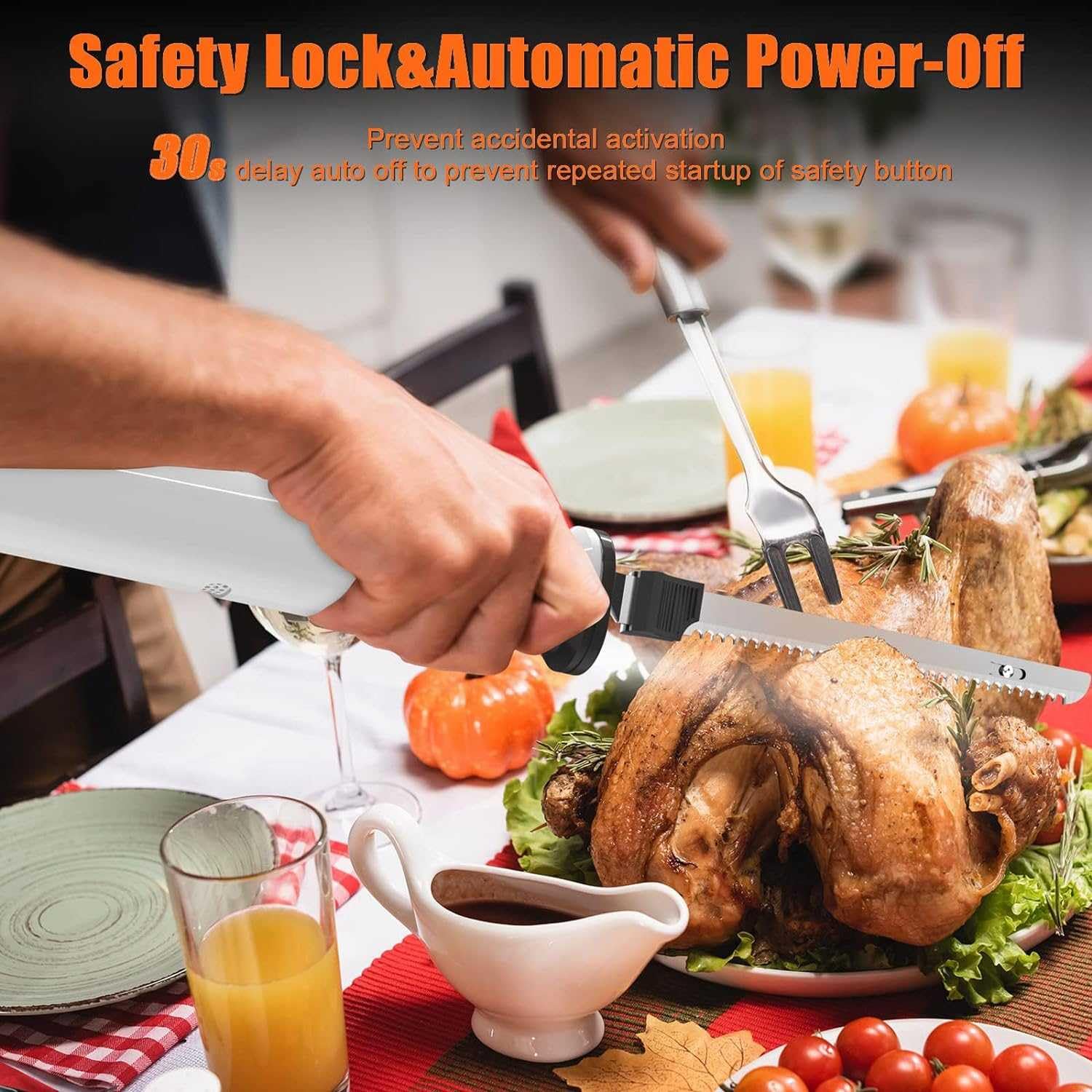Cuchillo eléctrico inalámbrico para tallar carne con 2 cuchillas dentadas de acero inoxidable de 8 pulgadas y liberación de gatillo de bloqueo de seguridad, cuchillo para tallar eléctrico, cuchillo