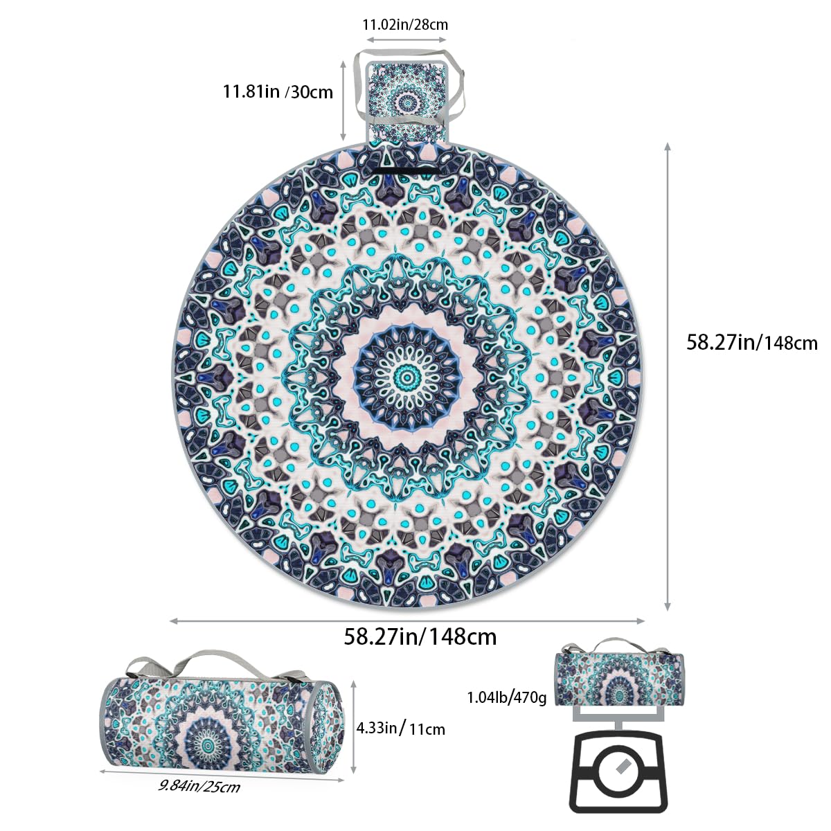 Shimoshe Indian Tribe Floral Mandala Picnic Outdoor Blanket Foldable Waterproof Sandproof Beach Blanket Portable Water-Resistant Round Picnic Mat for Travel Camping Park Lawn