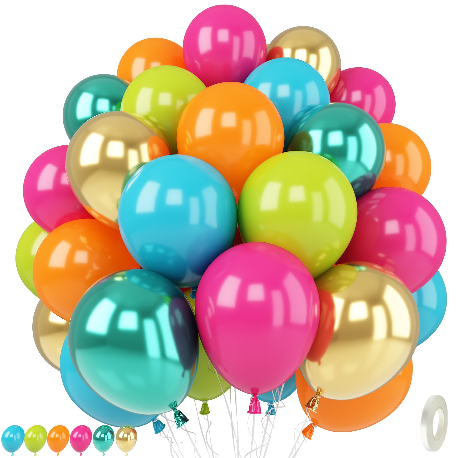 Tropical Balloons, 12 Inch Summer Hawaiian Balloons, Hot Pink Orange Teal Blue Fruit Green Metallic Gold Colorful Latex Balloon for Hawaii Aloha Luau Pool Birthday Beach Island Party Decorations