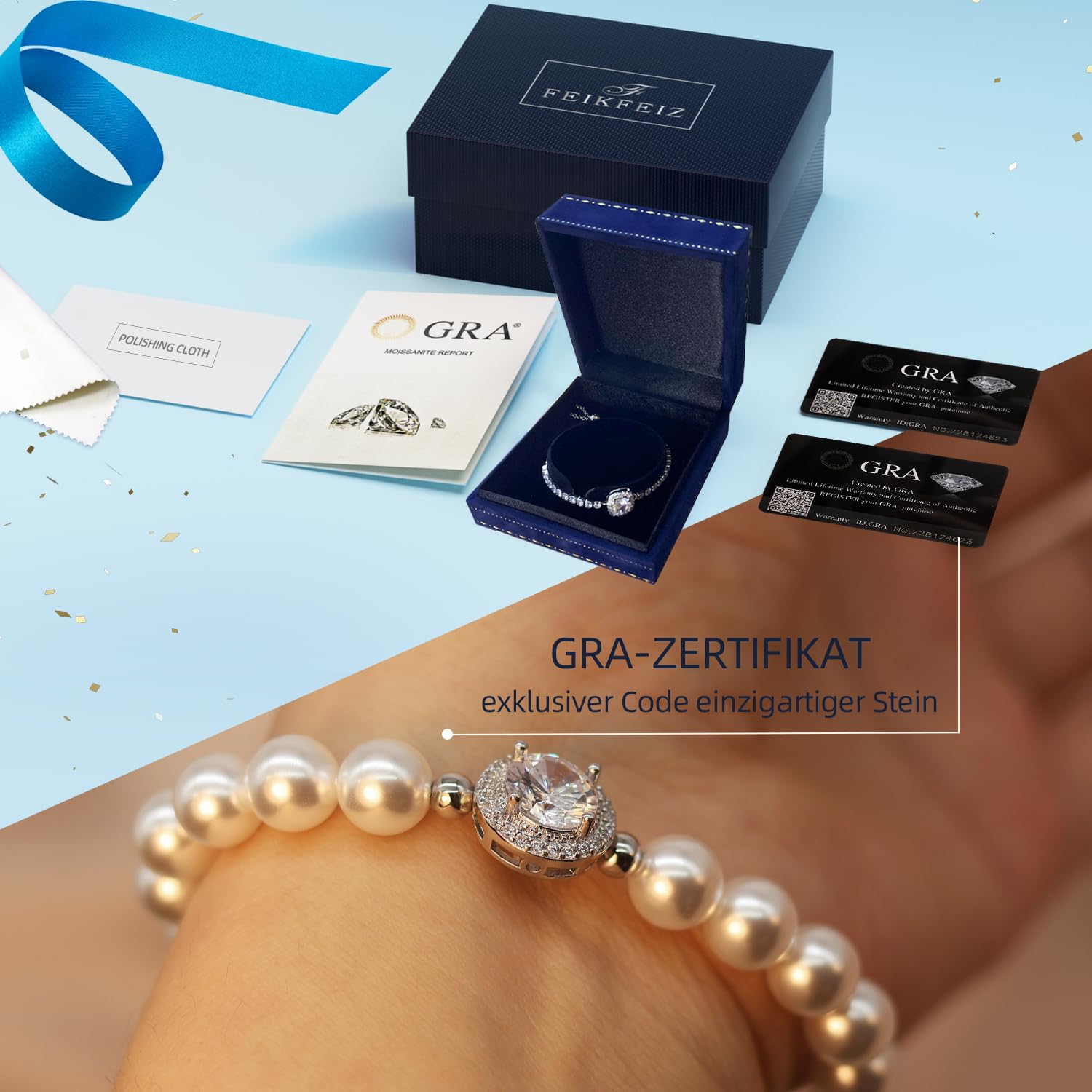 FEIKFEIZ Moissanit-Perlenarmband, 2CT laborgezüchteter Moissanit-Diamant, 18K vergoldet, verstellbares Armband aus Süßwasserperlen.