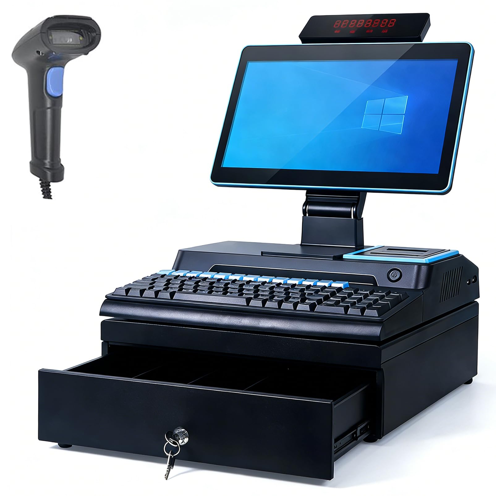 14-Zoll-All-in-One-Kassensystem, POS-Kasse mit Touchscreen, Verstellbarer Winkel, Eingebaut 58-mm-Drucker, 4 GB RAM, 64 GB SSD, Smarte Kasse für Kleine Unternehmen und Restaurants Blue