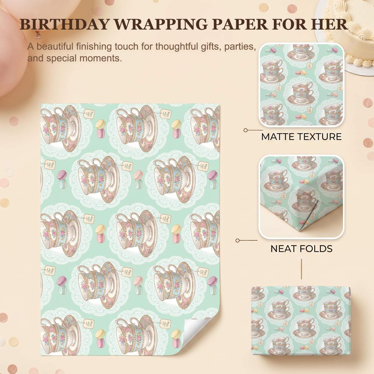 Vintage Teacup Macaron Wrapping Paper Sheets, 19.5 x 27.5 in, 2 Sheets image 2