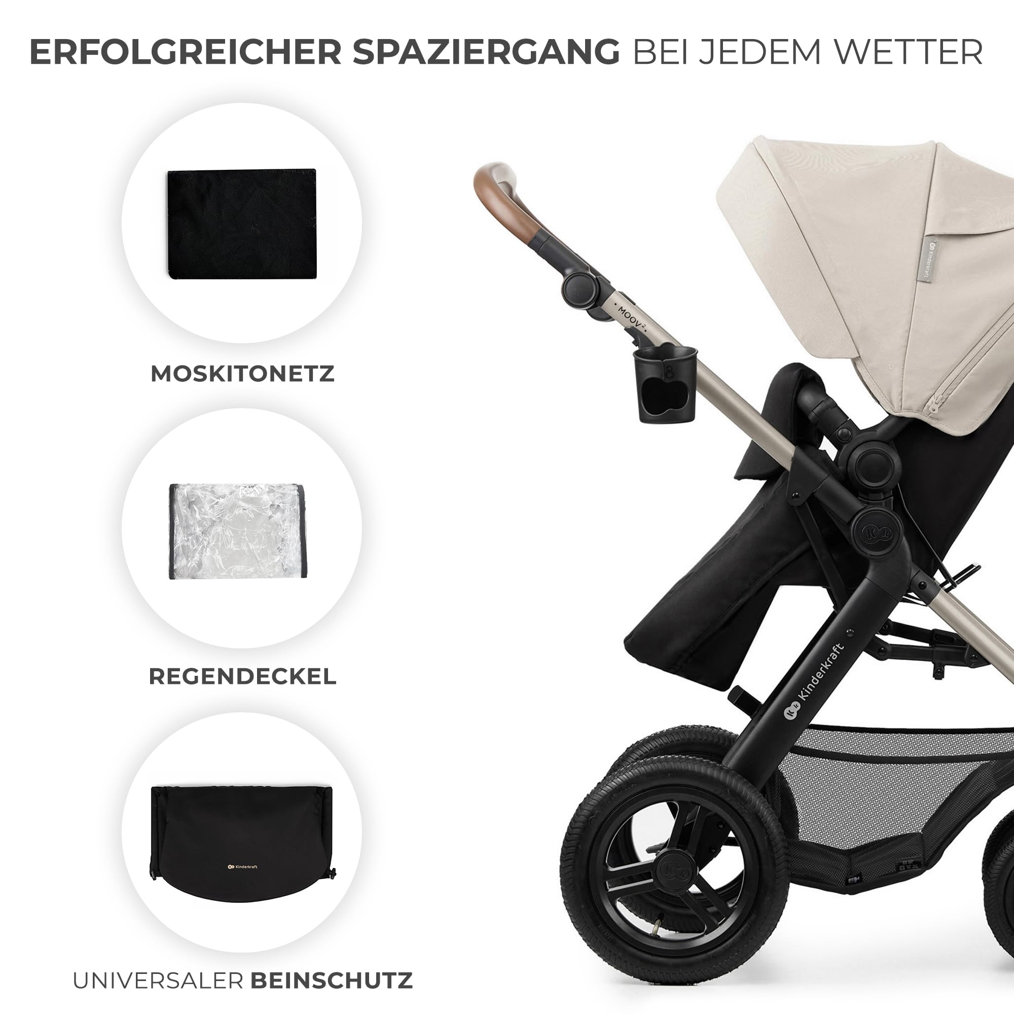 Kinderkraft MOOV2 AIR Kinderwagen 3 in 1 Set bis 22 kg I-SIZE 40-75 cm, Buggy, Liegeposition, Verdeck, Aufblasbare Räder, Grau