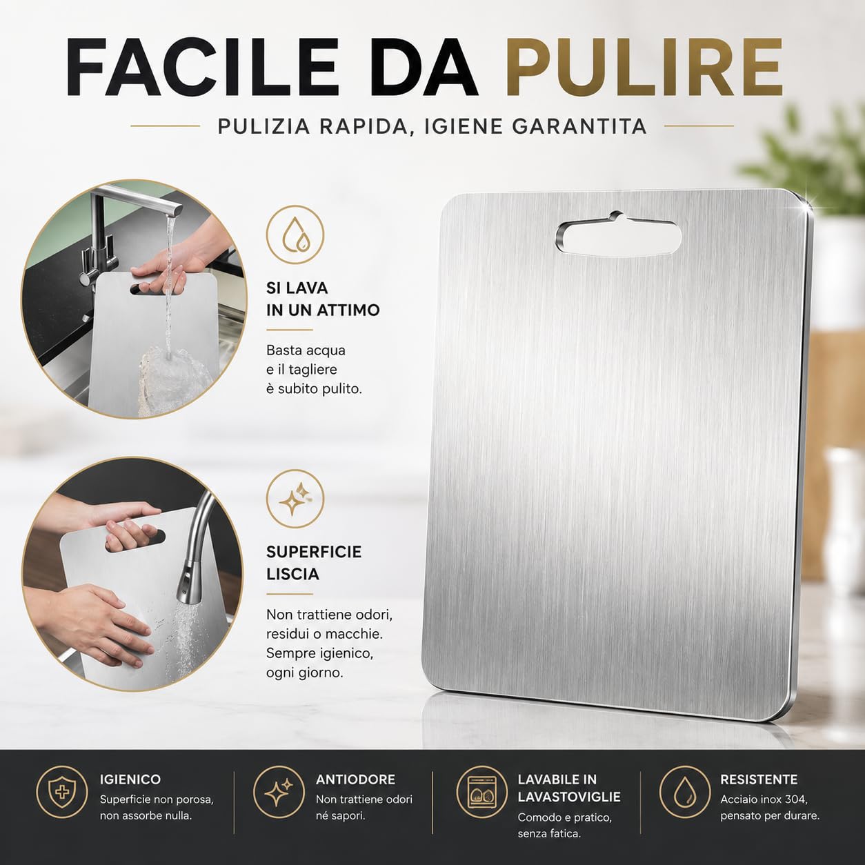 Tagliere in Acciaio Inox Alimentare 304 Per Cucina, Tagliere acciaio inox Certificato Igienico e Antibatterico, Superficie Alimentare Facile da Pulire, Resistente e Antiodore, 23X34