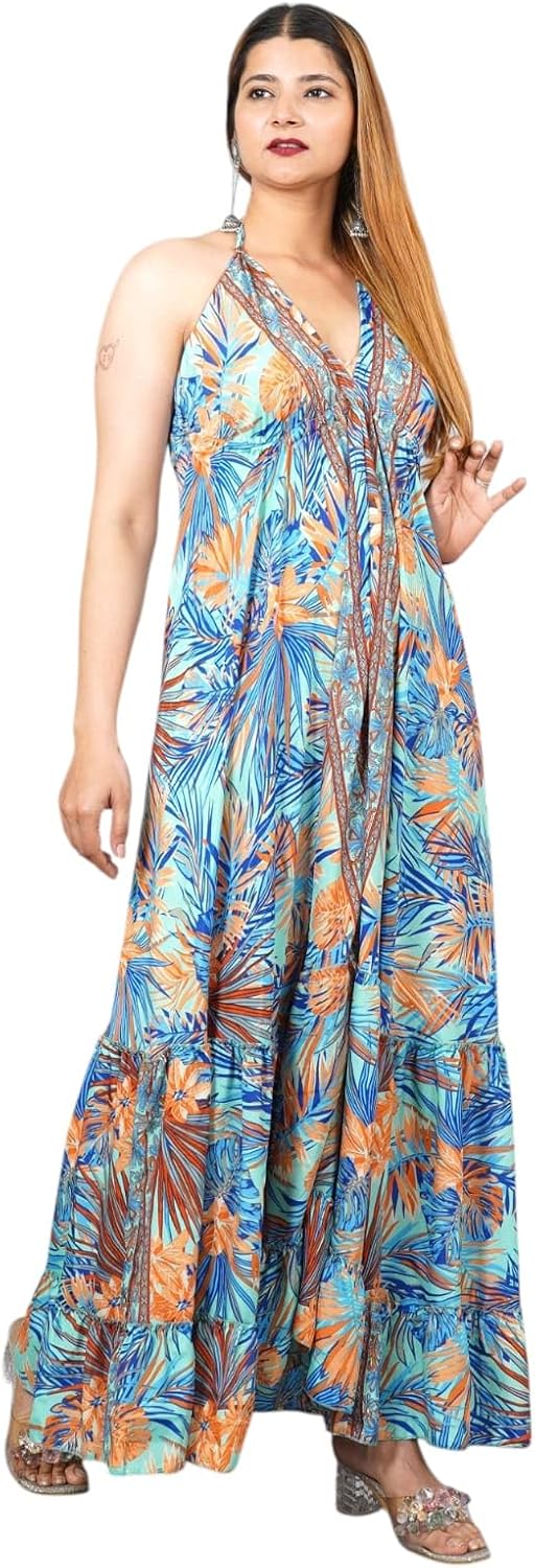 Floral Maxi Dress, V-Neck Halter, Boho Long Beach Sundress, Summner Dress