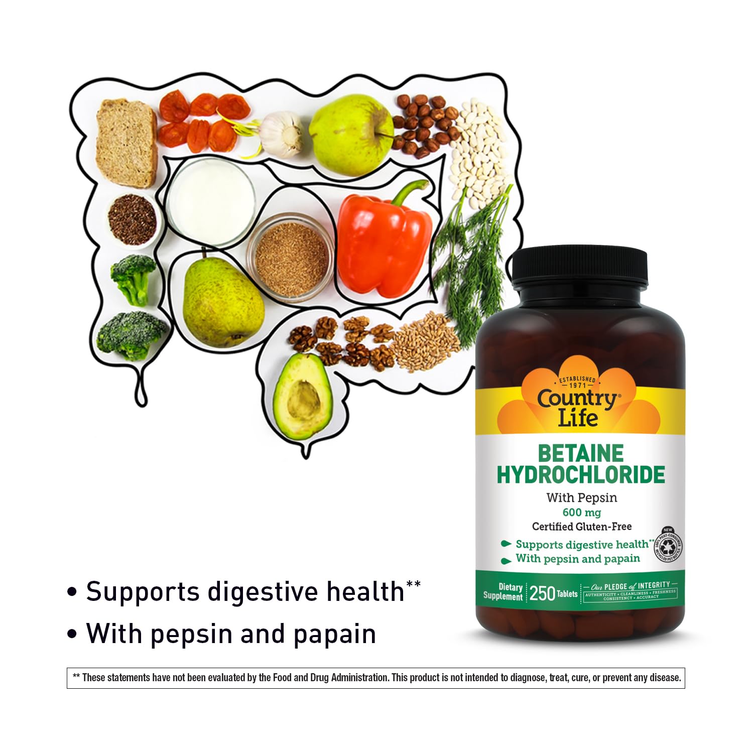 Country Life Betaine Hydrochloride with pepsin 600 mg - 250 Tablets — Amazon image 5