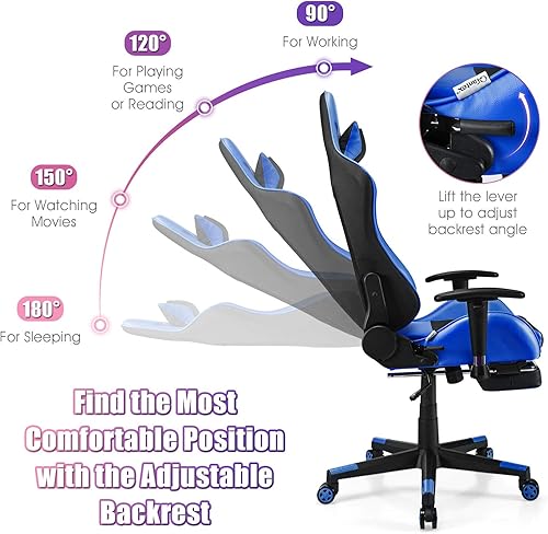 Miniatura 7 de Giantex Silla de juegos de masaje, silla ergonómica de videojuegos con reposapiés, silla de computadora E-Sport con respaldo alto con reposacabezas