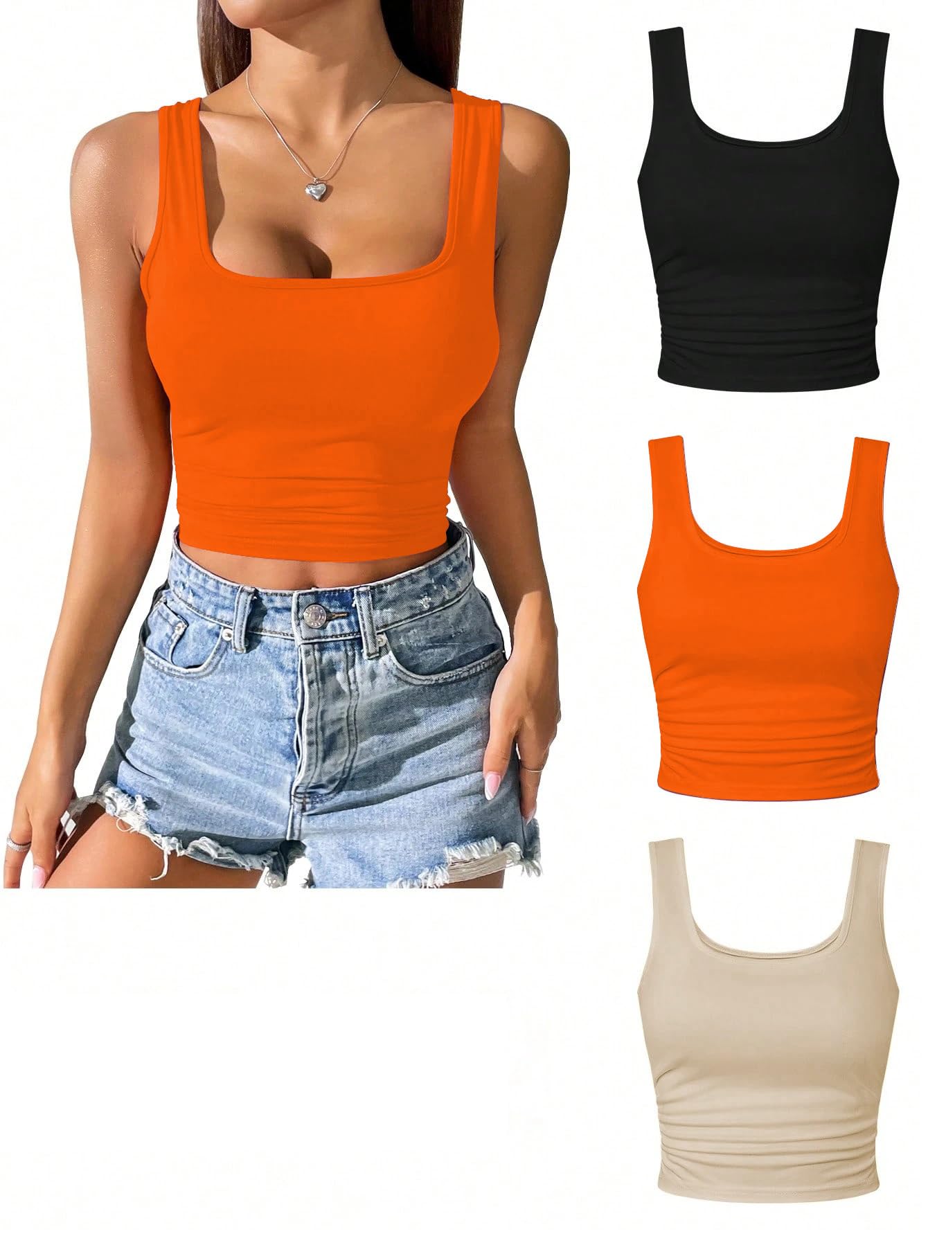 Toochki Top da donna crop top per donna canotta activewear t-shirt sport casual scollo quadrato canotta in cotone confezione da 3