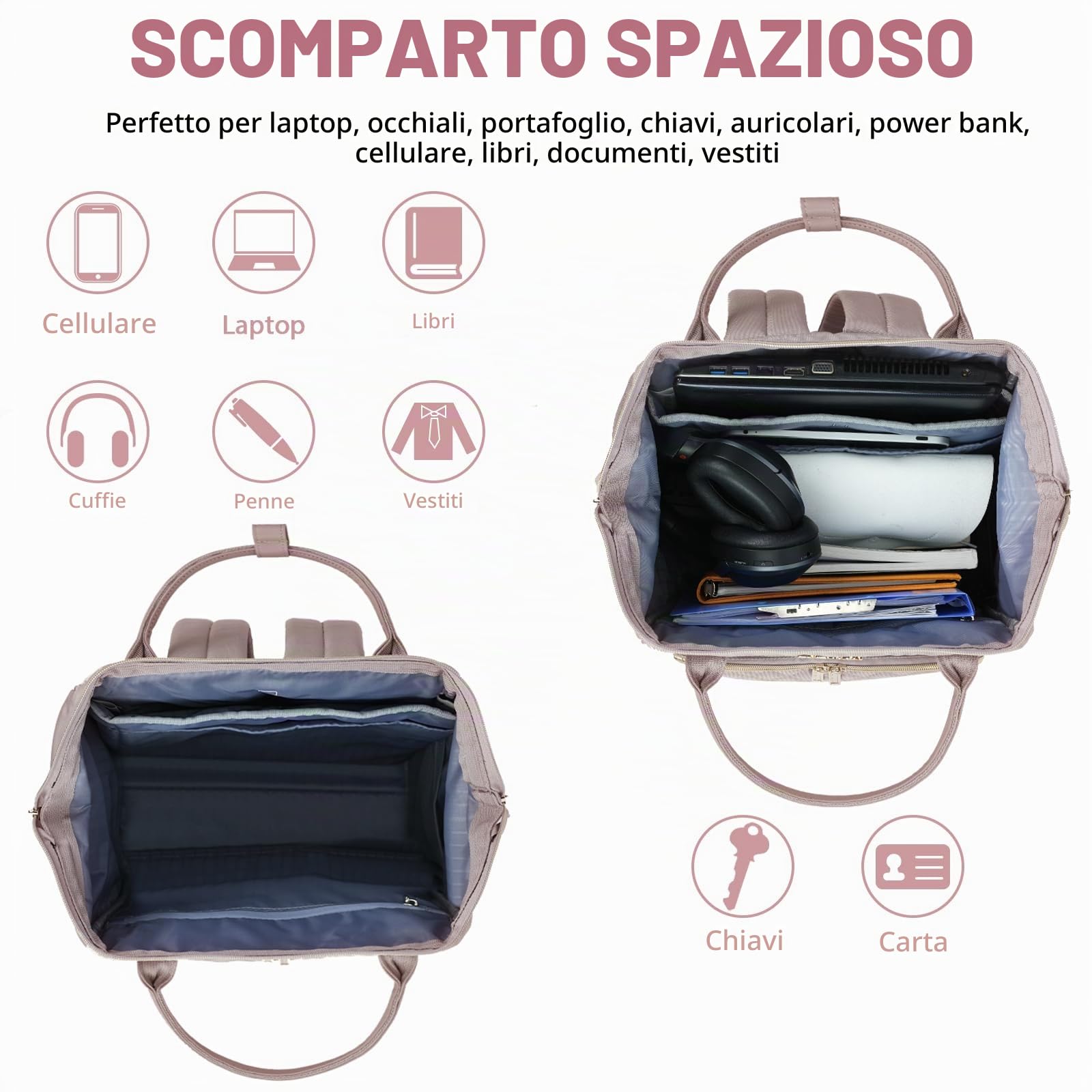 EMPSIGN Zaino Porta PC 17 Pollici, Multitasche Grande Capacità Resistente | rosa, idrorepellente, tasche laterali per borraccia, spallacci comodi, fascia trolley, adatto per scuola, ufficio e viaggi
