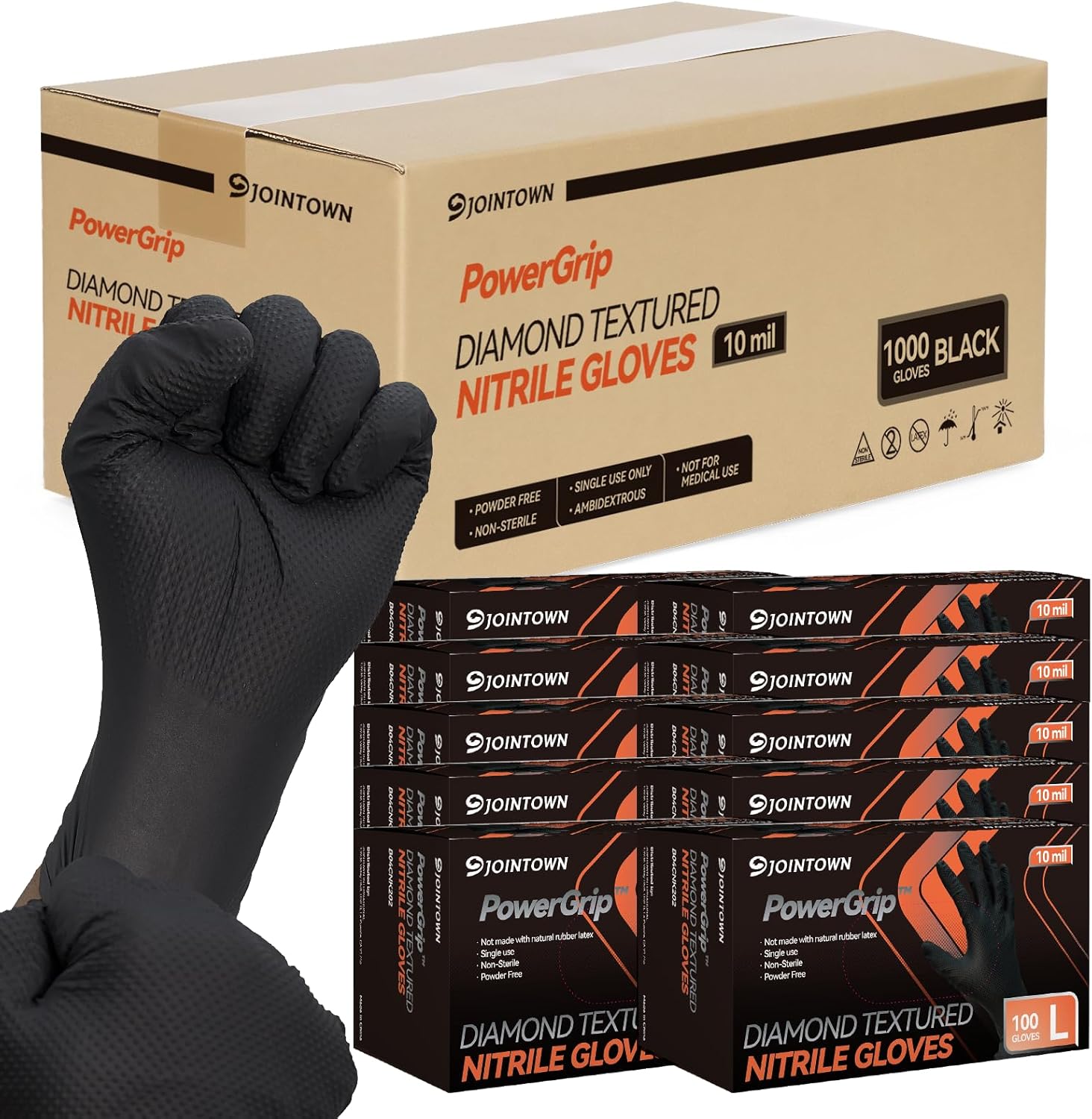 Jointown Upgraded 10 Mil Heavy Duty Nitrile Gloves, Mechanic Gloves Nitrile Disposable, with Raised Diamond Texture, Case of 1000, Black, Large