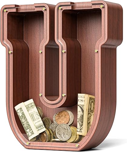 Miniatura 64 de SummiDate Alcancía de madera con nombre, niños y niñas, tamaño grande, letras alfabeto A-Z, monedas y billetes, inicial en cubierta transparente