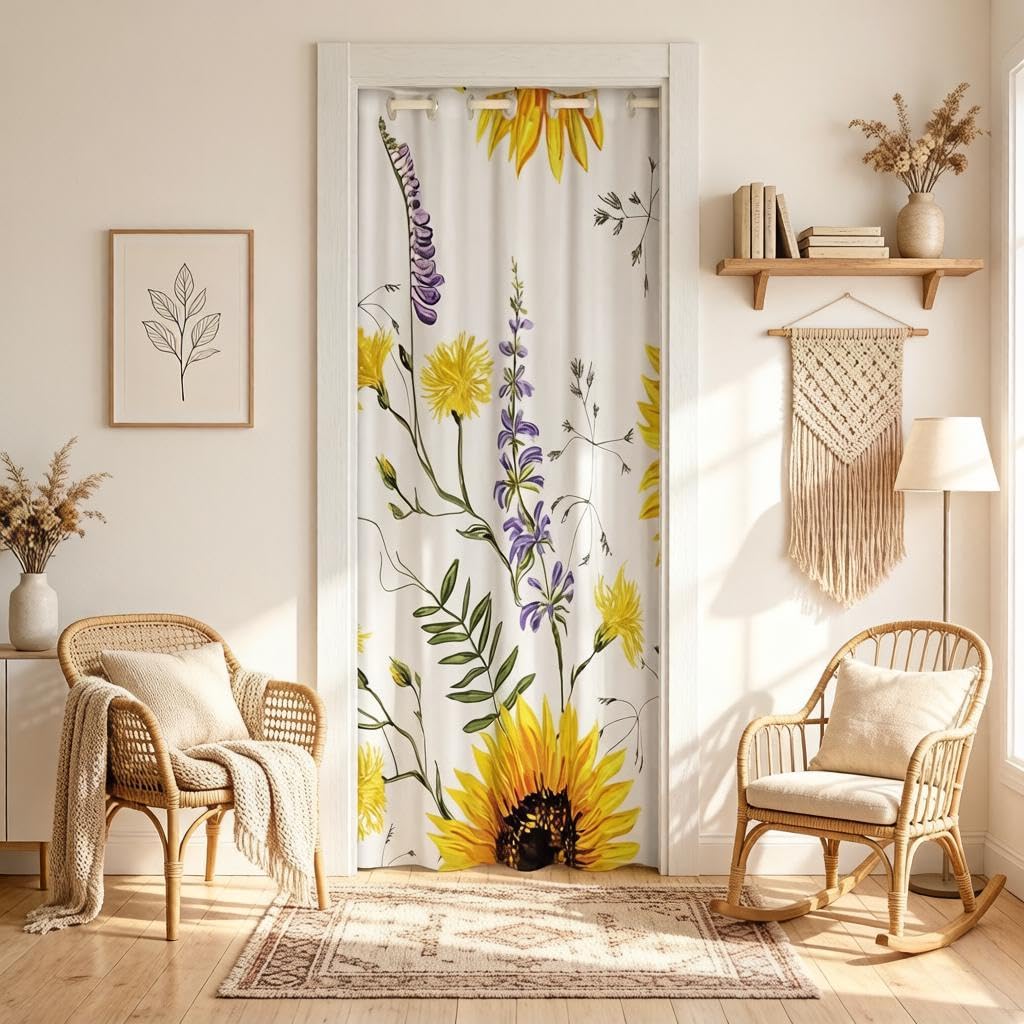 Sunflower Blackout Curtains Window Floral Treatments Doorway Curtain Room Darkening Yellow Flowers Pattern Thermal Insulated Blackout Curtains Botanical for Doors with Windows 150x203cm 1 Panel