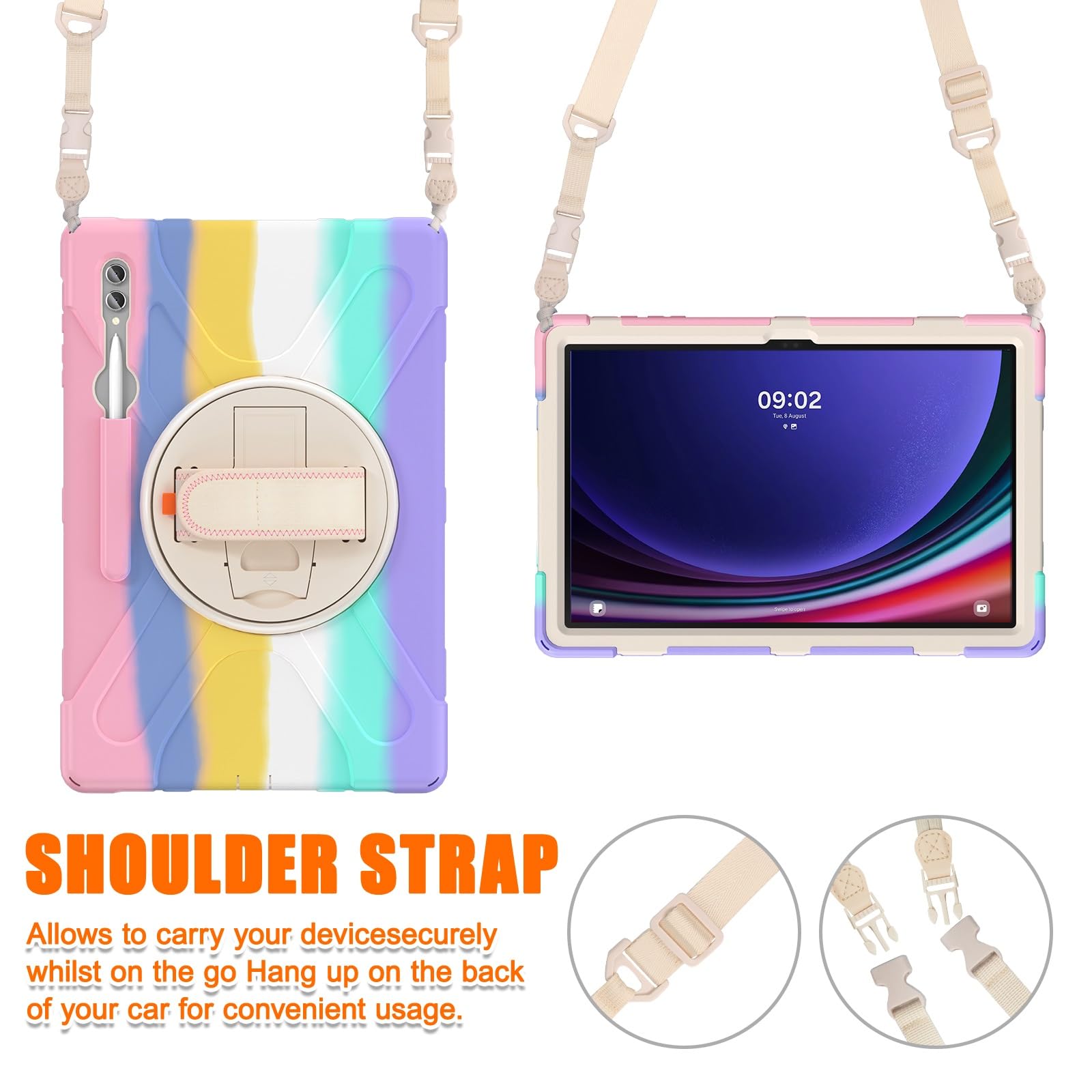 Kompatybilny z Samsung Galaxy Tab S9 Ultra 14,6" (SM-X910/X916B/X918U) 2023 Etui, wytrzymałe, odporne na wstrząsy etui uchwytem długopis, paskiem ramię i ochronną osłoną(Pembe)