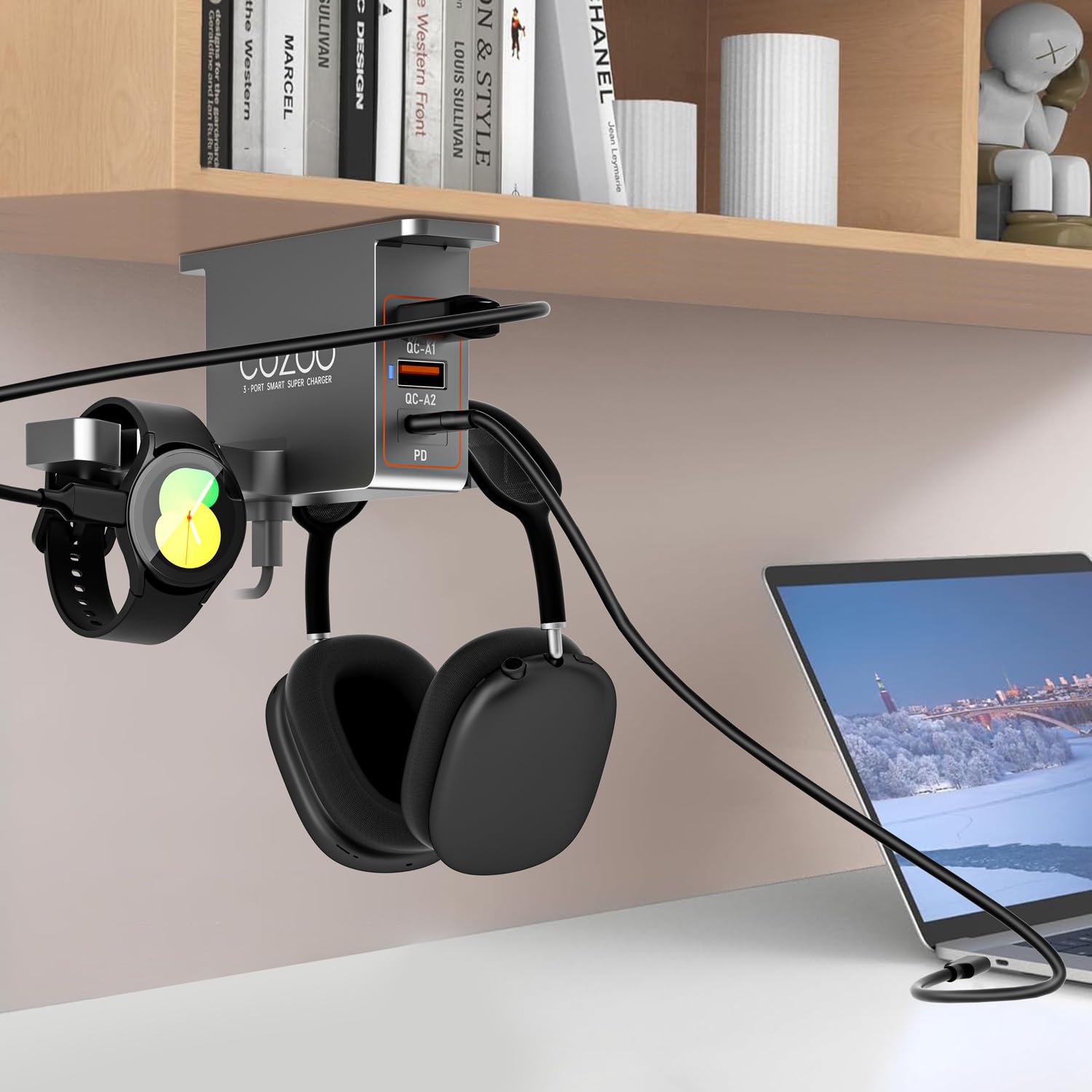 COZOO - Supporto per cuffie in legno di noce con caricatore USB, supporto per cuffie da scrivania, con stazione di ricarica USB a 3 porte e supporto per iWatch, dock di ricarica doppio per auricolari,