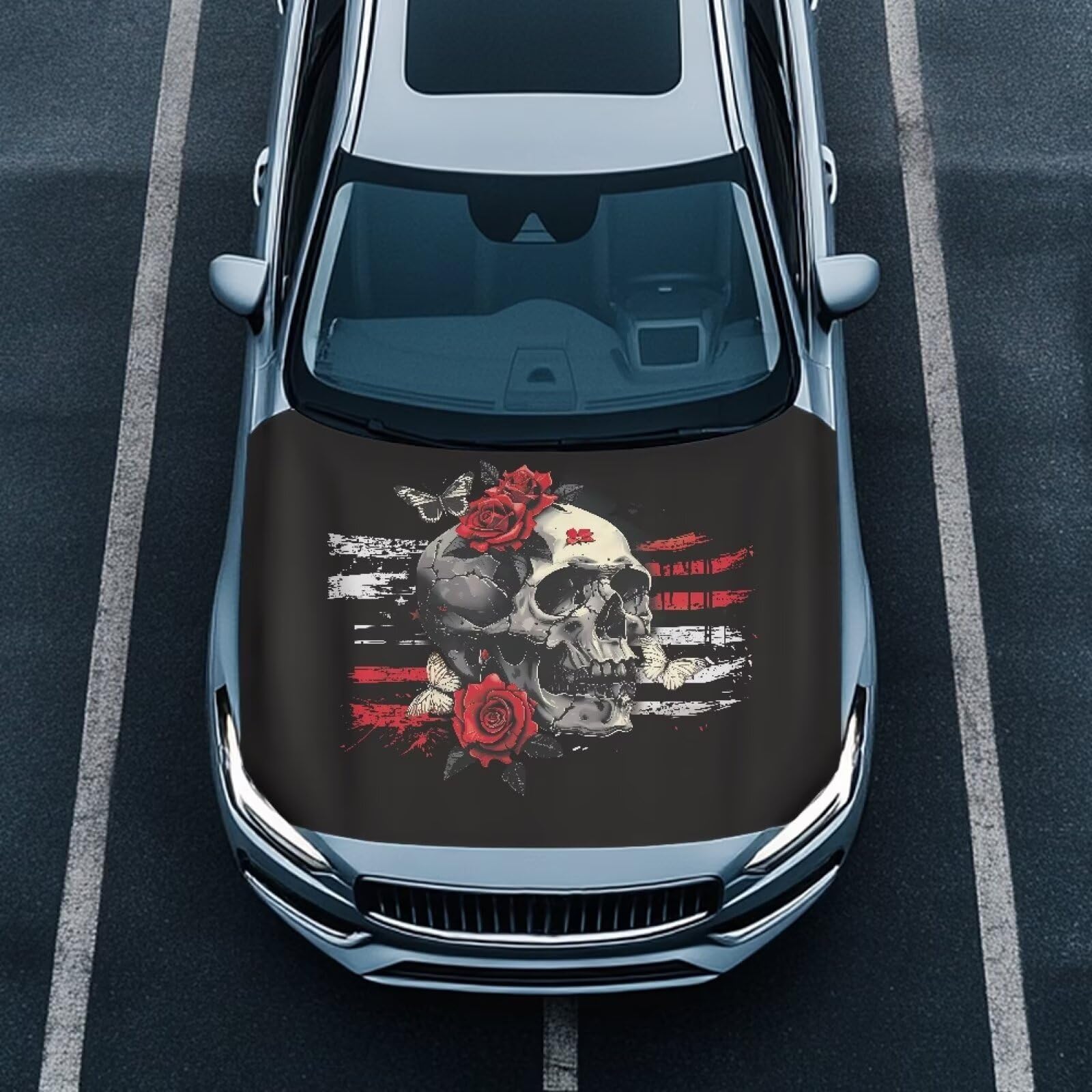 Flag Skull Rose Car Hood Flag Cover - 59x39 in Car Hood Cover for Car Decor,Waterproof Car Cover Protector for Auto Car Truck Van SUV