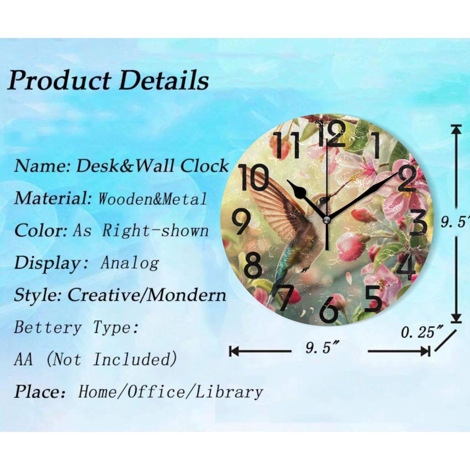 ZzWwR Beautiful Spring Flowers Hummingbird Round Wall Clock, 10 Inch Analog Quiet Non Ticking Desk Clock for Home Kitchen/Living Room/Bedroom/Bathroom/Office