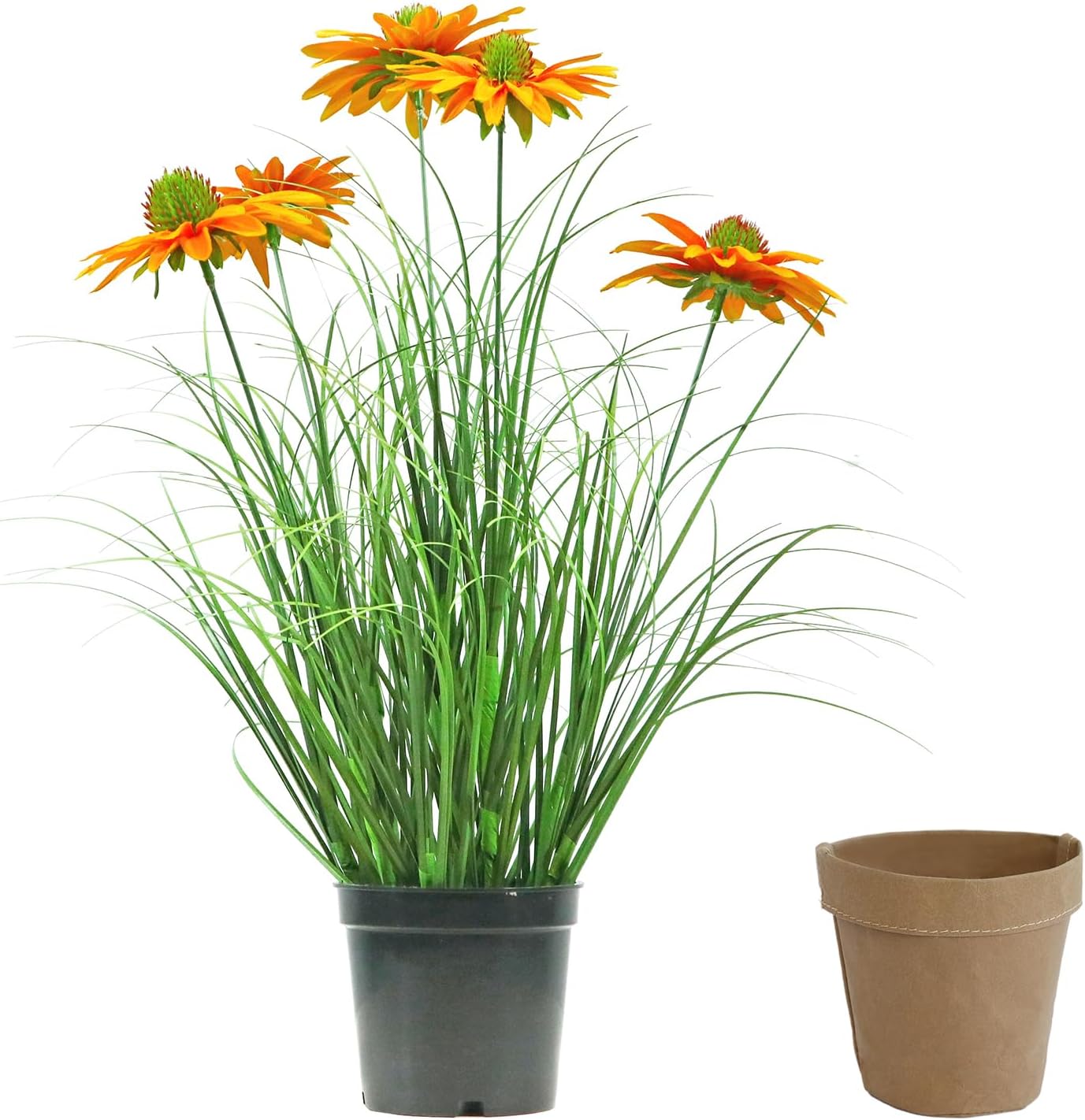 Fake House Plants Realistic Artificial Flowers with Lifelike Echinacea Flowers Artificial 16-Inch Fake Potted Plants for Home Decor Indoor Living Room Housewarming Office Bathroom Wedding 1 Pack Orange 16In 1Pack