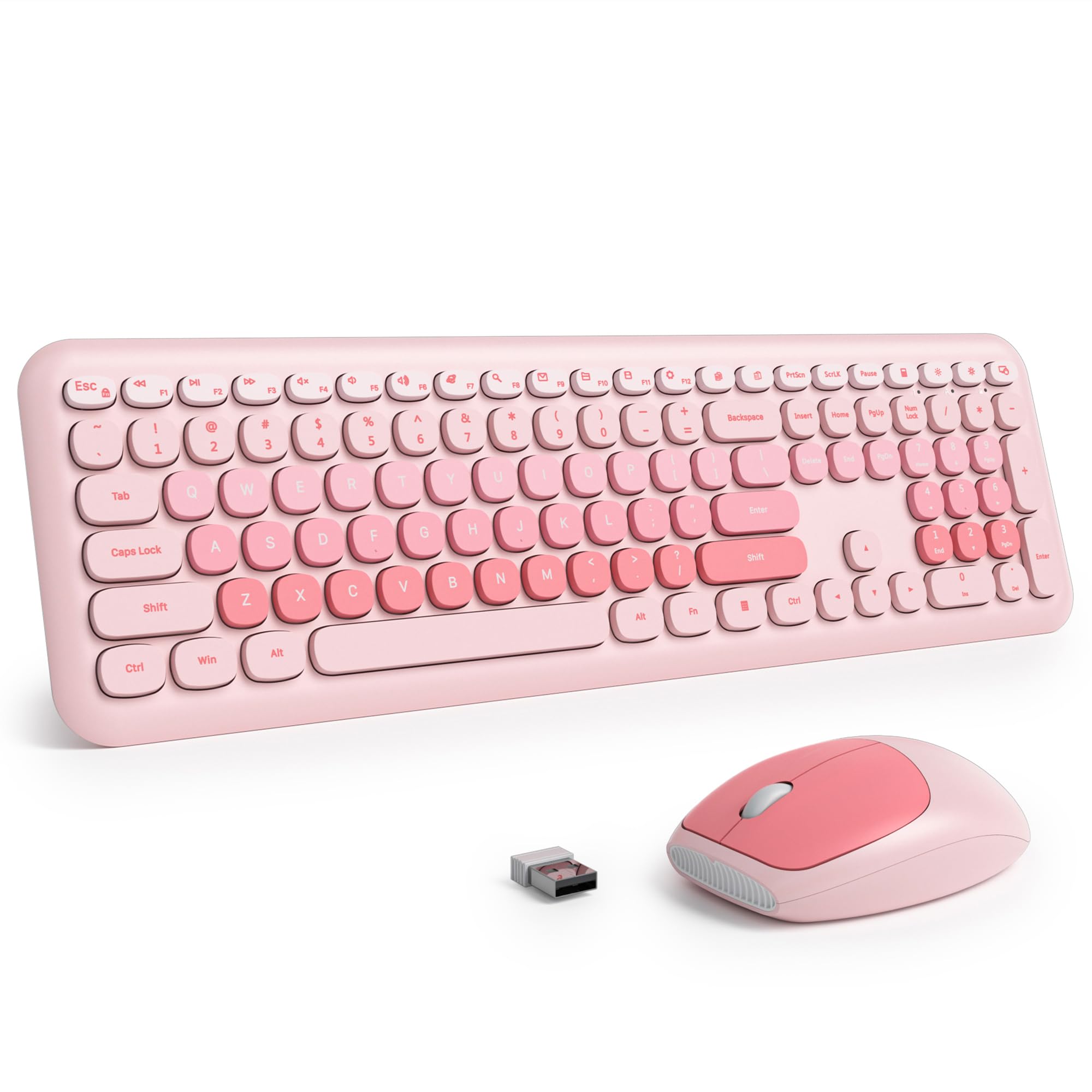 Surmen Cute Pink Keyboard and Mouse Wireless Silent, Full-Size Retro Typewriter Wireless Quiet Slim Keyboard Low-Noise 2.4GHz for Computer, Desktop,