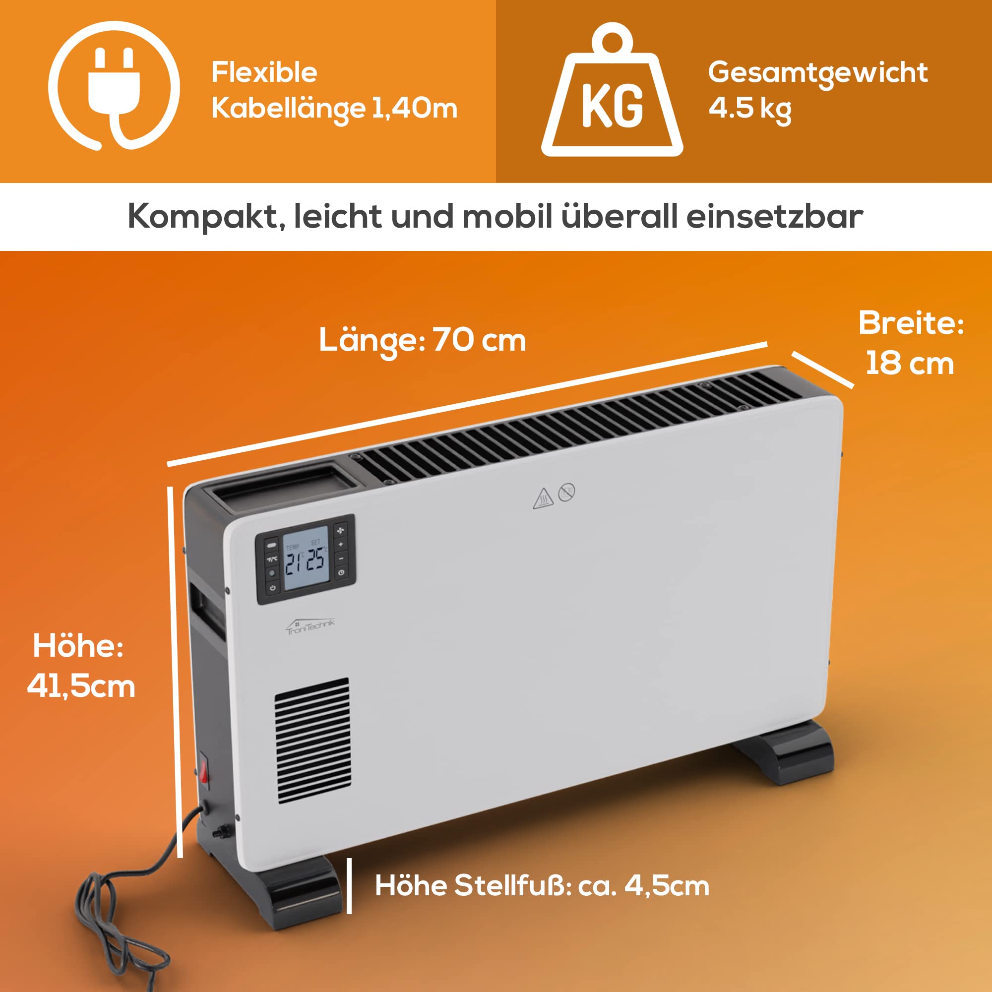 Tronitechnik® Elektroheizer Konvektor-Heizung mit 3 Heizstufen 1000/1300/2300 Watt, Elektroheizung mobi, Heizkörper mit Griffmulde, Timer, Thermostatsteuerung, Standheizung energiesparend