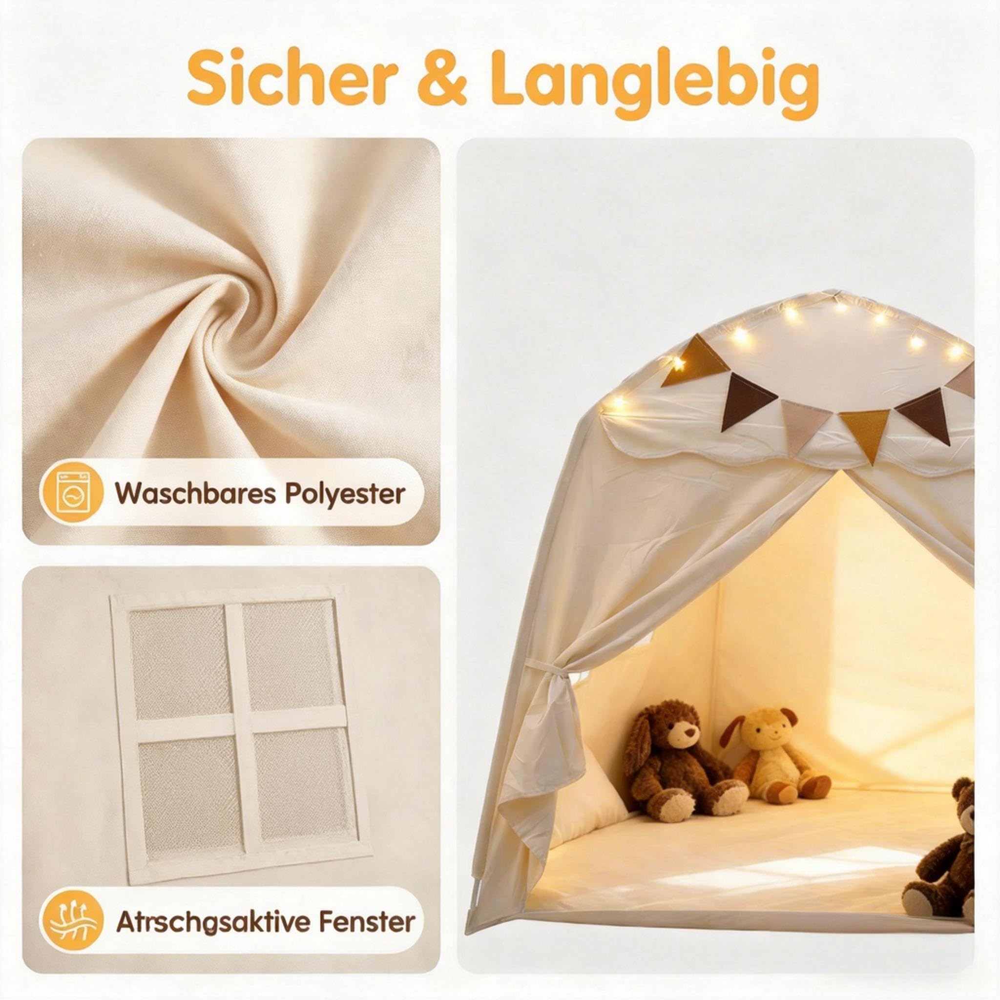 Kinderzelt Indoor mit Sternen Lichterkette und bunten Flaggen – großes Zelt Kinderzimmer Kinder-Zelt (142 × 90 × 152 cm) für Indoor & Outdoor, Spielhaus für Jungen und Mädchen, Lese Ecke & Rollenspiel