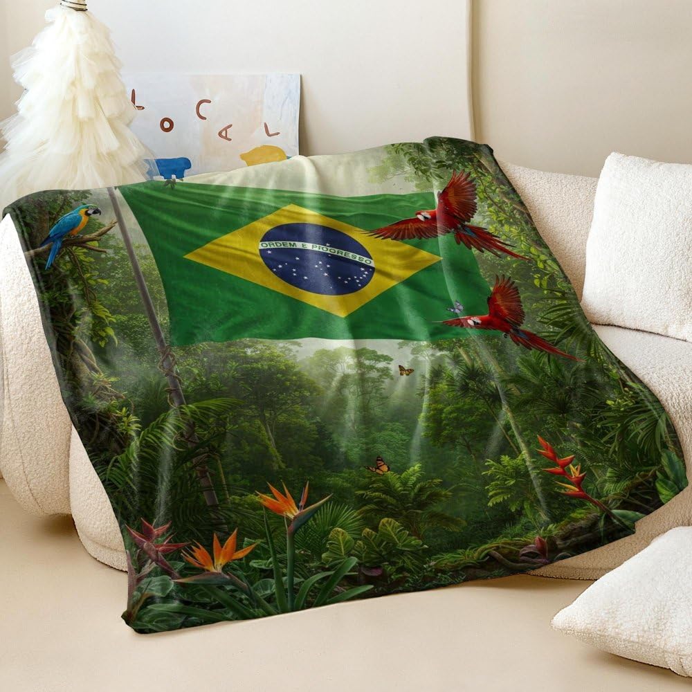 Couverture flanelle douce forêt tropicale ara Brésil 180x200cm