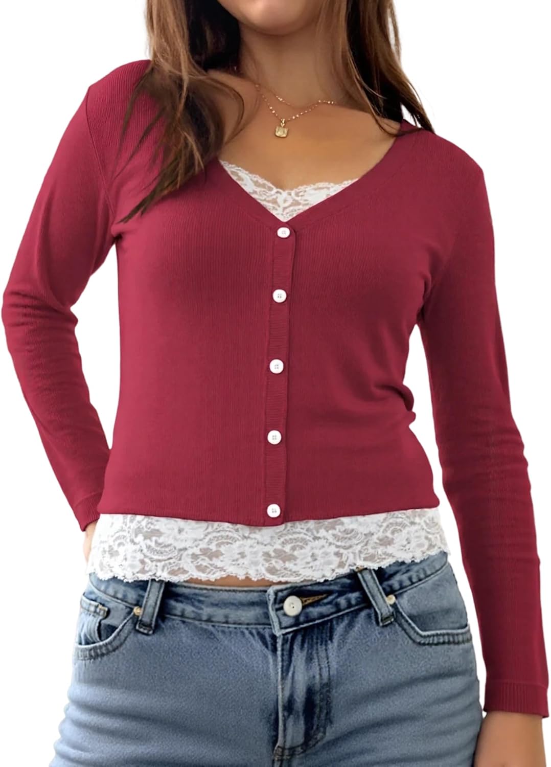 Womens Lace Long Sleeve Top Paneled Henley Shirts Y2k 2000s Fitted Going Out Tops Blouse