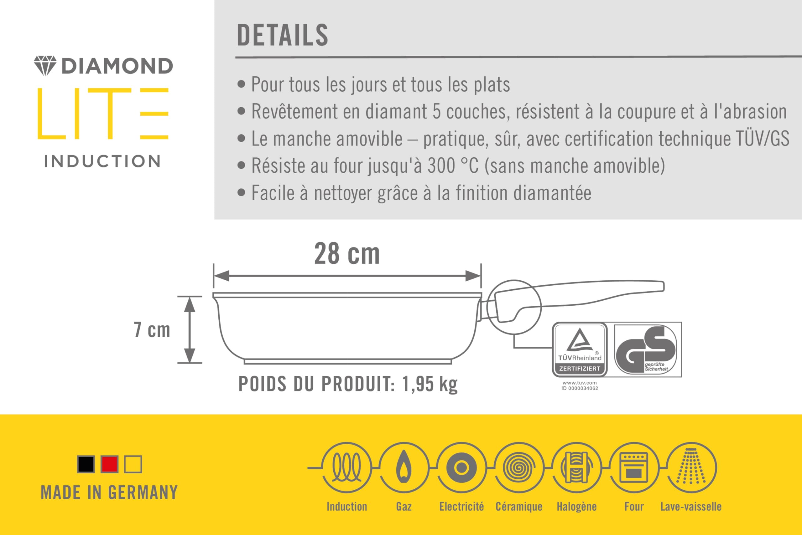 Woll Diamond Lite sauteuse en fonte - Induction -, Ø 28 cm, hauteur 7 cm, avec manche amovible - Convient à tous les types de cuisinières, antiadhésif, fonte d'aluminium
