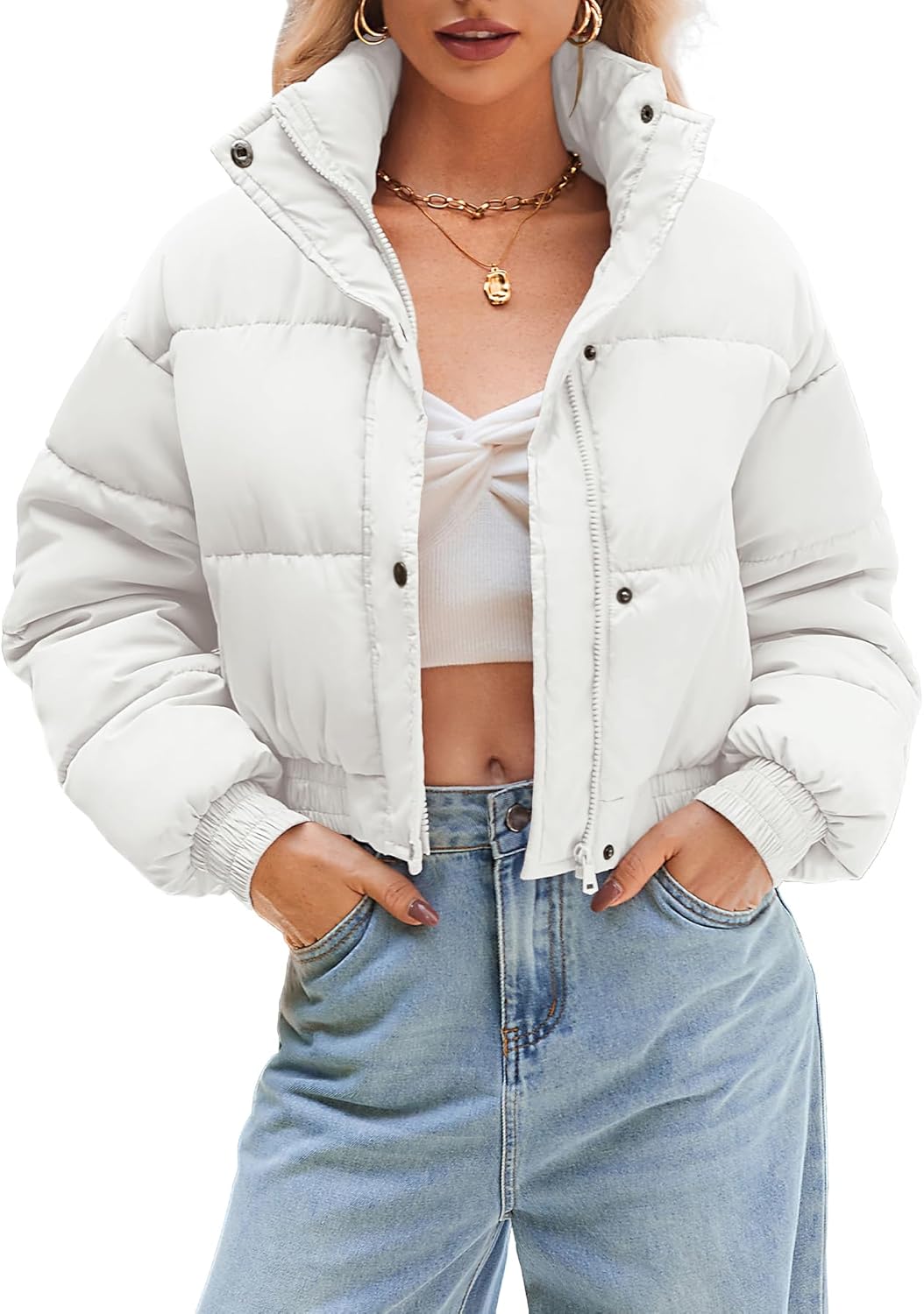 WHN Women’s Cropped Puffer Jacket Lightweight Quilted Jackets Long Sleeve Stand Collar Zipper Winter Outerwear Coat